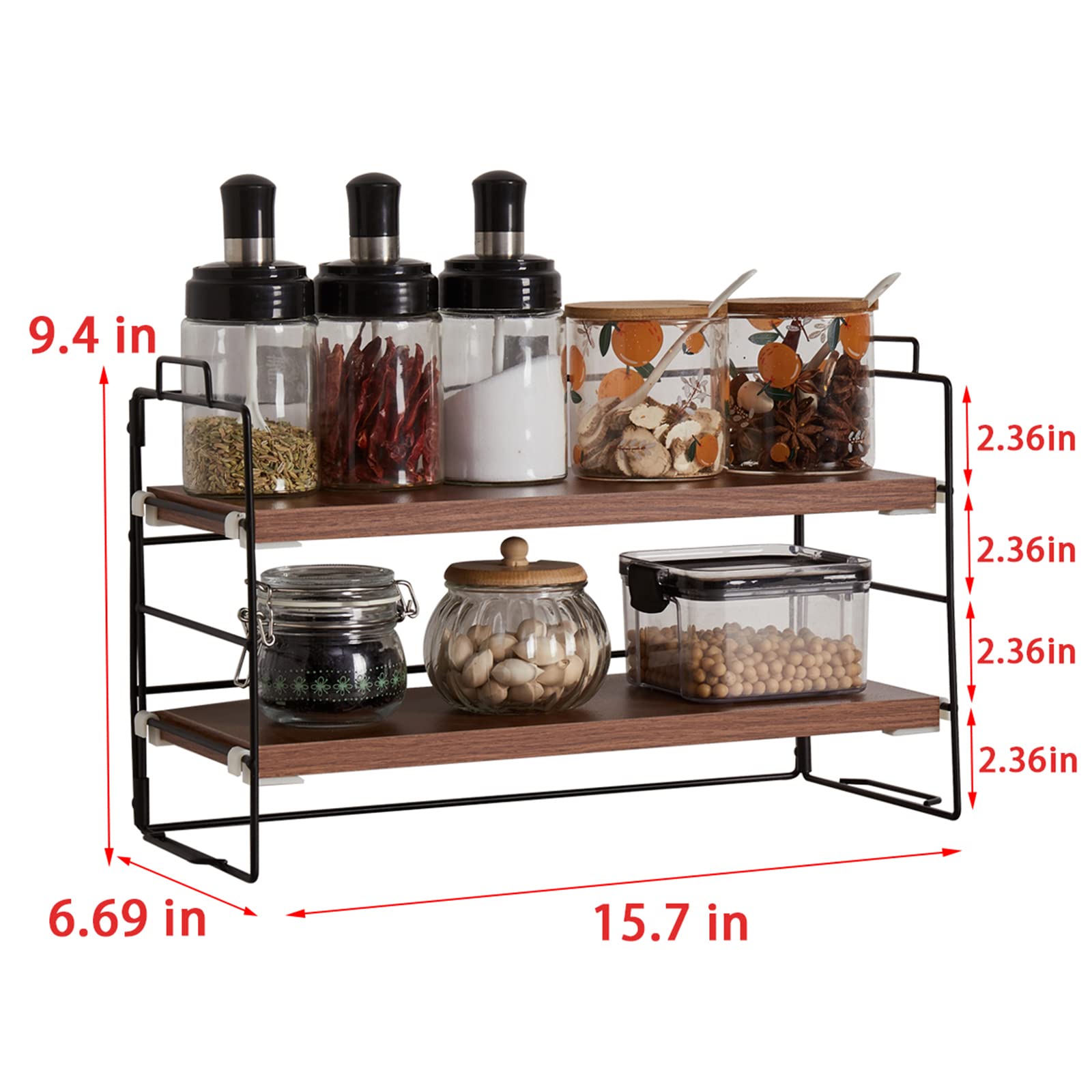 2 Tier Spice Rack Organizer - Adjustable Stackable Kitchen Countertop Shelf for Spices, Makeup, Bathroom & Office Storage - Perfect for Small Space Organization in Home & Workspaces (Brown)