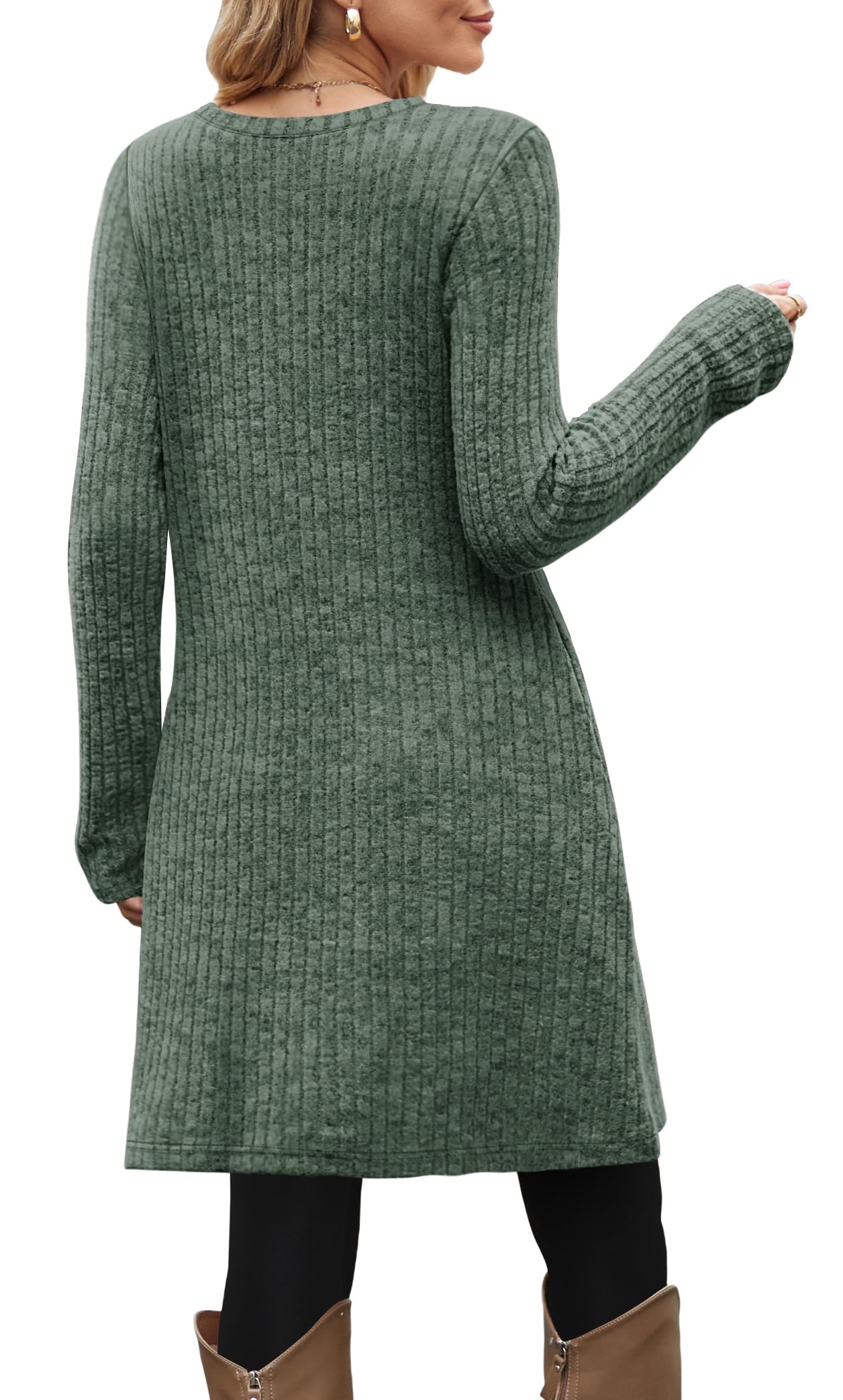 Aokosor Women's Long Sleeve Jumper Tunic Dress with Pockets & Side Buttons - Casual Stretchy Dress for Leggings - Perfect for Work, Date Night & Fall Layering
