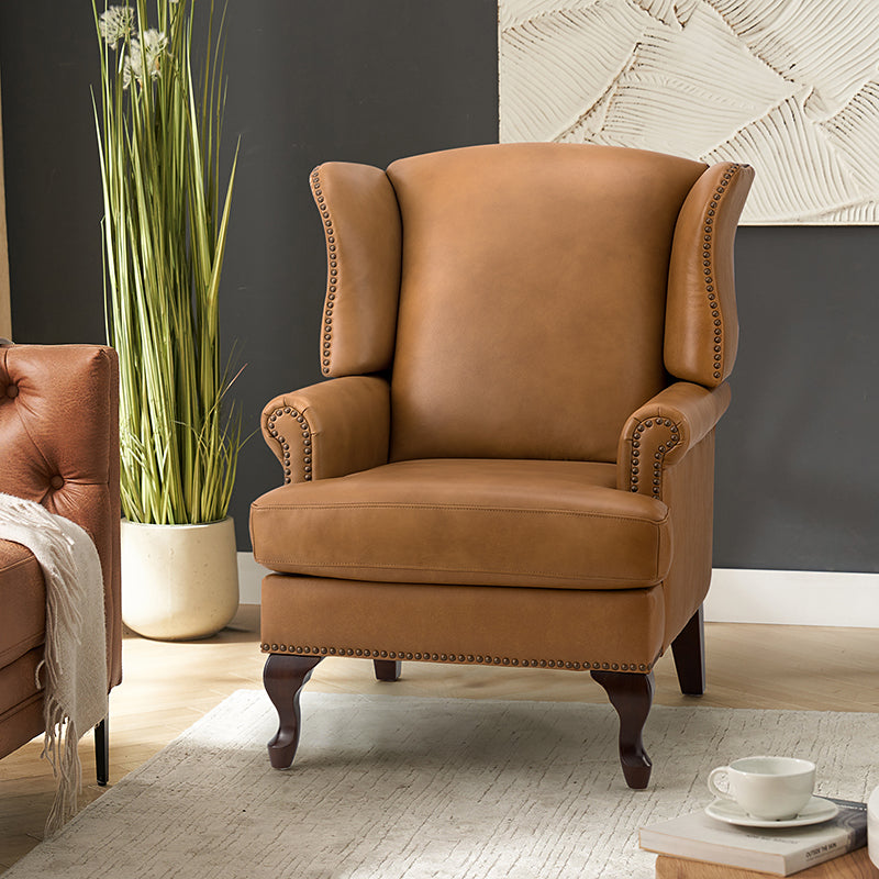 Premium Wilhelm Genuine Leather Armchair - Handcrafted Brown Leather Lounge Chair with Solid Wood Frame - Perfect for Living Room, Office & Study Spaces