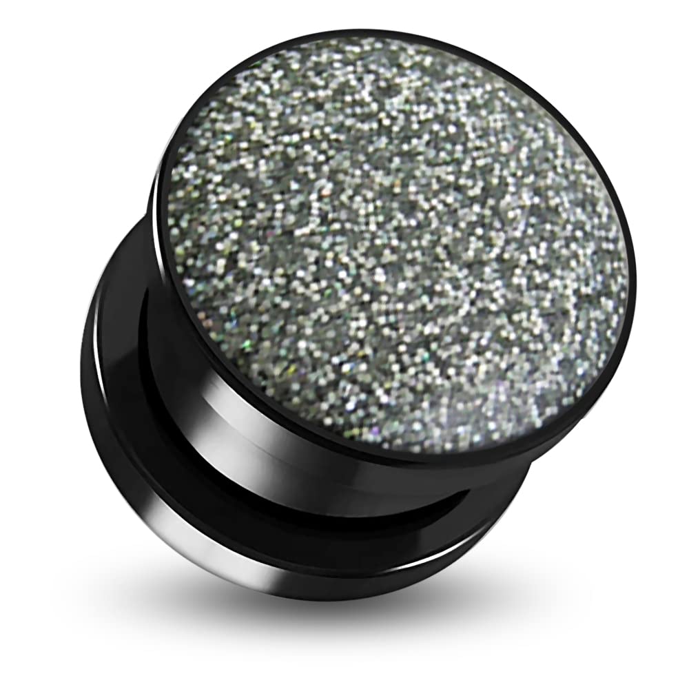 White Glitter Top on Black UV Acrylic Ear Flesh Tunnel - Single Piece - Perfect for Body Jewelry, Piercing Stretching & Alternative Fashion