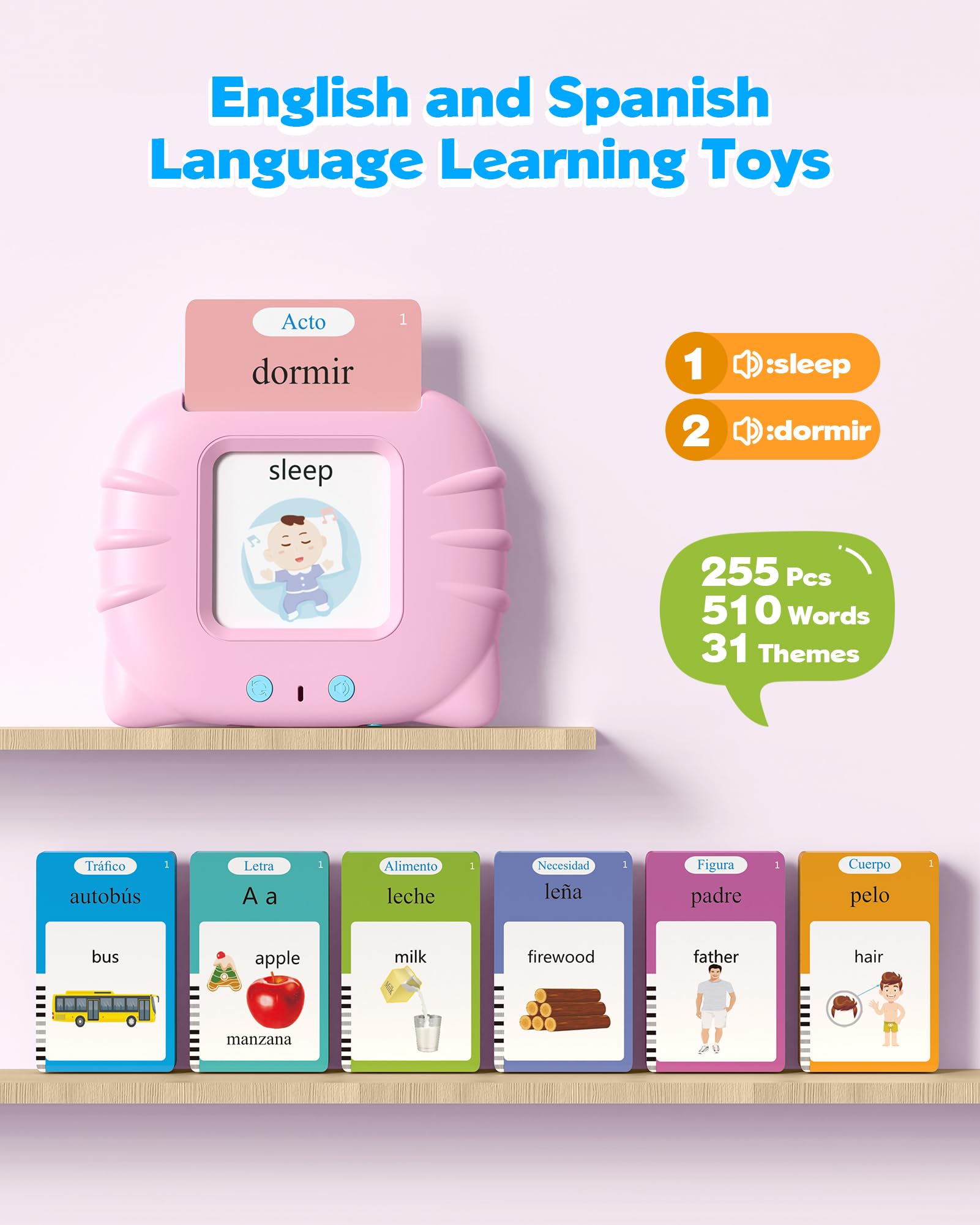 Spanish & English Bilingual Talking Flash Cards - 512 Words Pocket Speech Therapy Toys for Kids, Montessori Language Learning & Autism Sensory Toys, Perfect for Speech Development & Birthday Gifts (Pink) - Ideal for Home Learning, Classroom Activities & Travel Entertainment