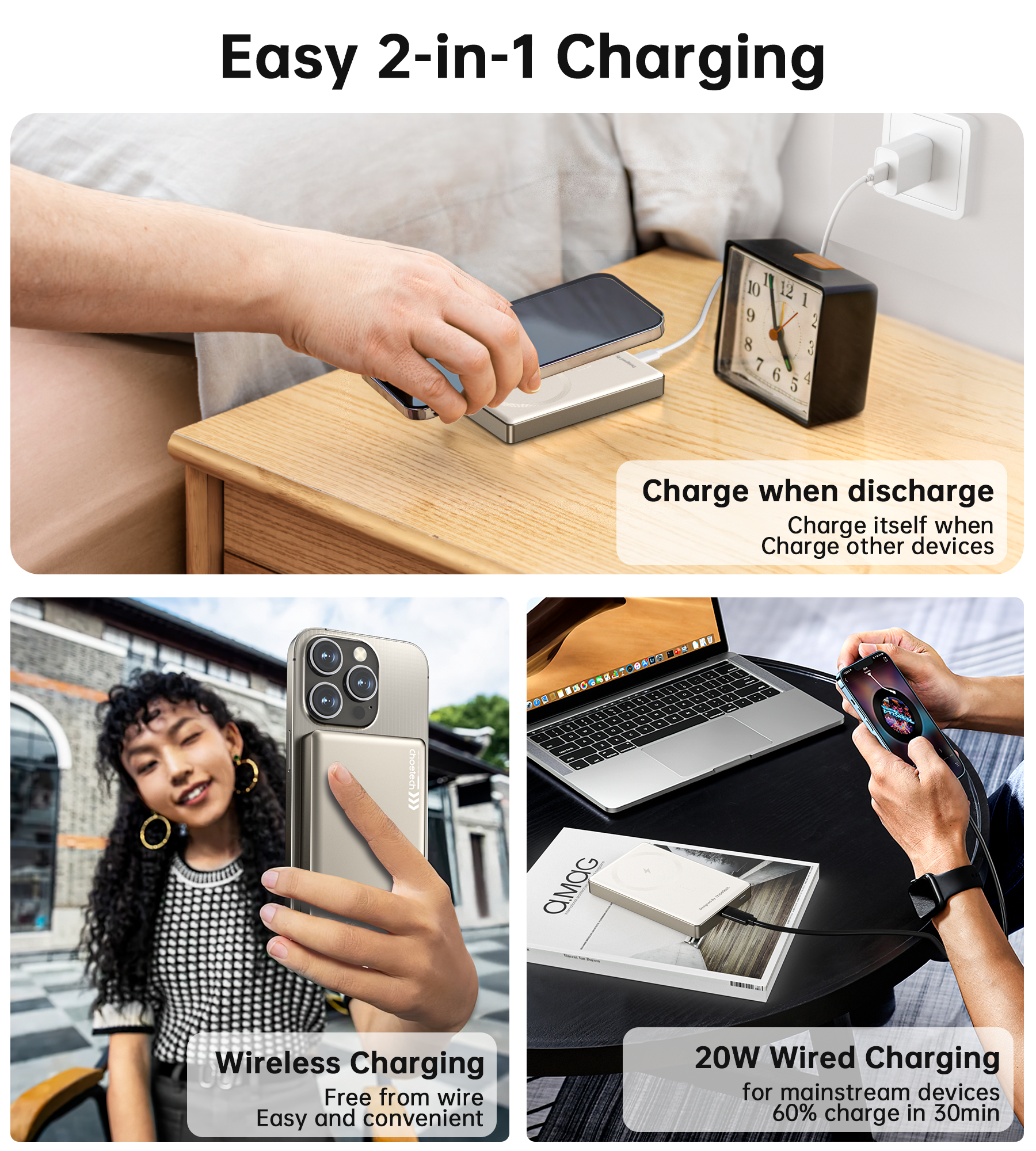 Choetech PD20W 10000mAh Ultra Slim Magnetic Power Bank - Super Thin 14.6mm Portable Charger for iPhone 15/14/13/12, Samsung Galaxy, AirPods - Perfect for Travel, Work & Outdoor Activities