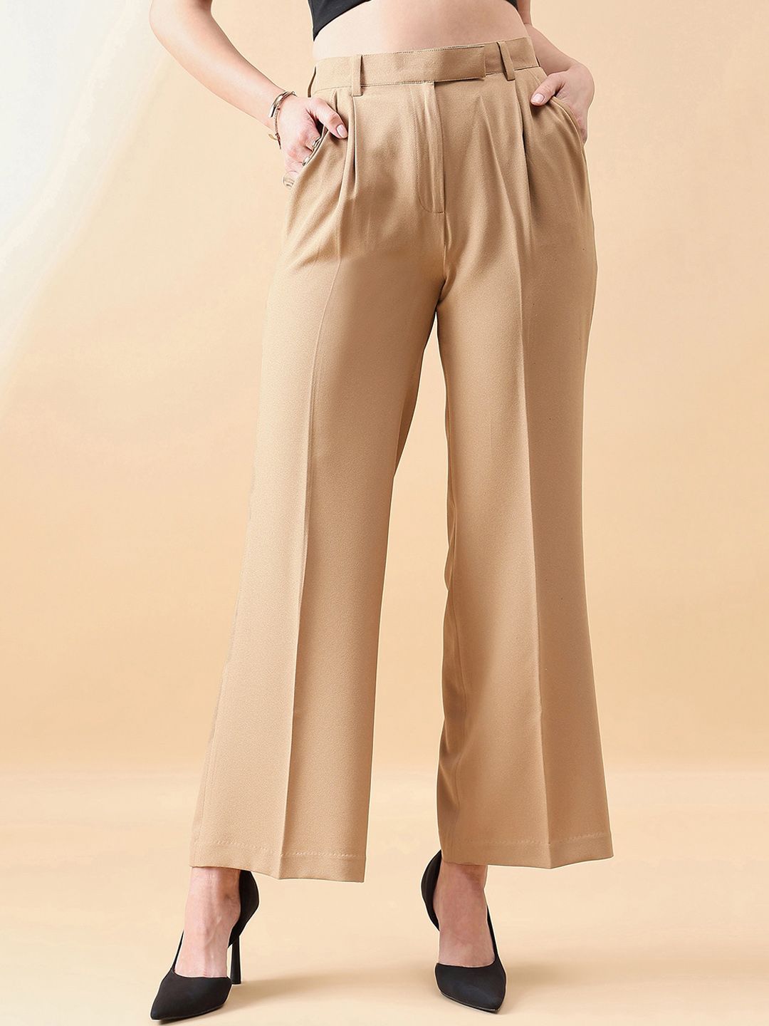 High Waist Straight Leg Pants for Women - Beige Office & Casual Trousers | Comfortable Work Pants for Business & Everyday Wear
