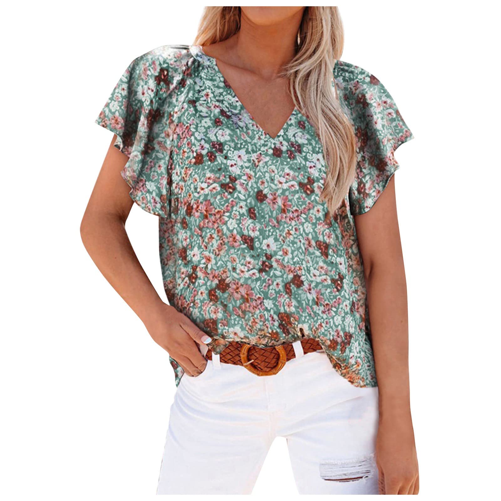 Women's Floral Print V-Neck Tunic Tops - Loose Fit Casual Short Sleeve Blouse with Ruffle Detail | Perfect for Summer Outfits, Office Wear & Weekend Brunch