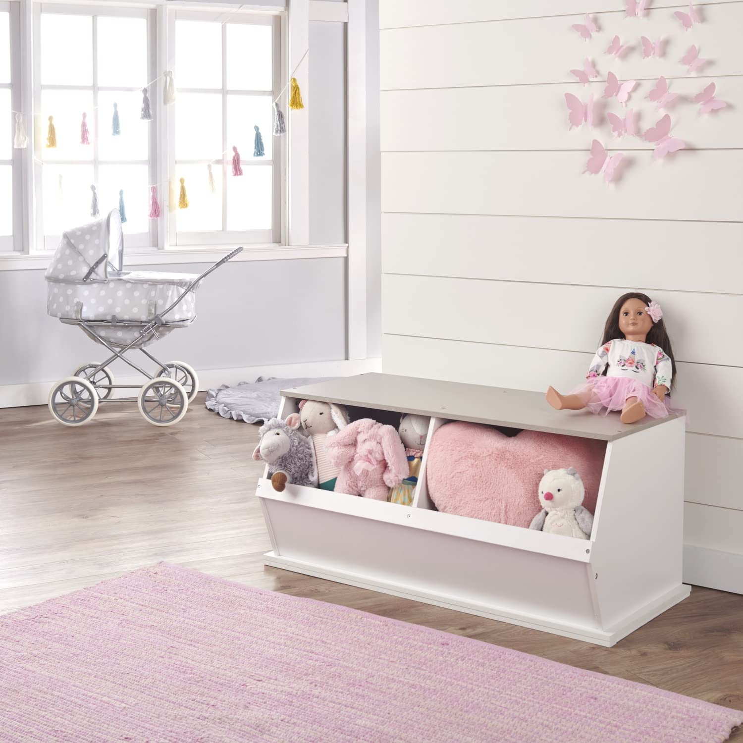 Badger Basket Two Bin Stackable Toy Storage Organizer - White/Gray Woodgrain for Kids Room, Nursery & Playroom Organization