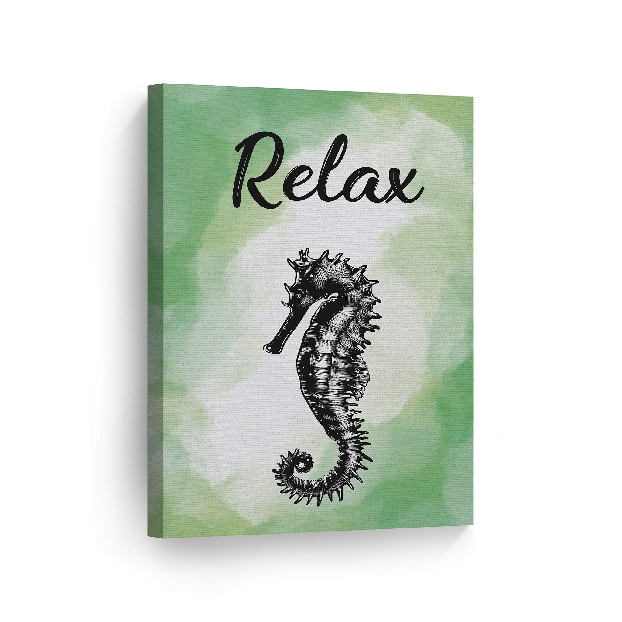 Smile Art Design Relax Typography Green Bathroom Decor Canvas Print - Seahorse Nautical Bathroom Sign, Wall Art for Coastal Home Decor (40x30 Inches, Ready to Hang, Made in USA) - Perfect for Beach House, Bathroom Wall Decor & Coastal Themed Interior Design