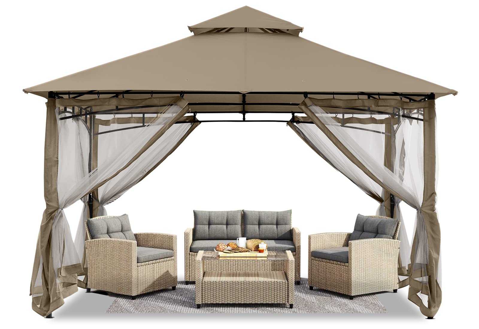 10x12 ABCCANOPY Outdoor Gazebo for Patios - Steel Frame with Mosquito Netting, Perfect for Backyard, Garden, Deck & Lawn (Khaki) | Ideal for Outdoor Dining, Parties & Relaxation