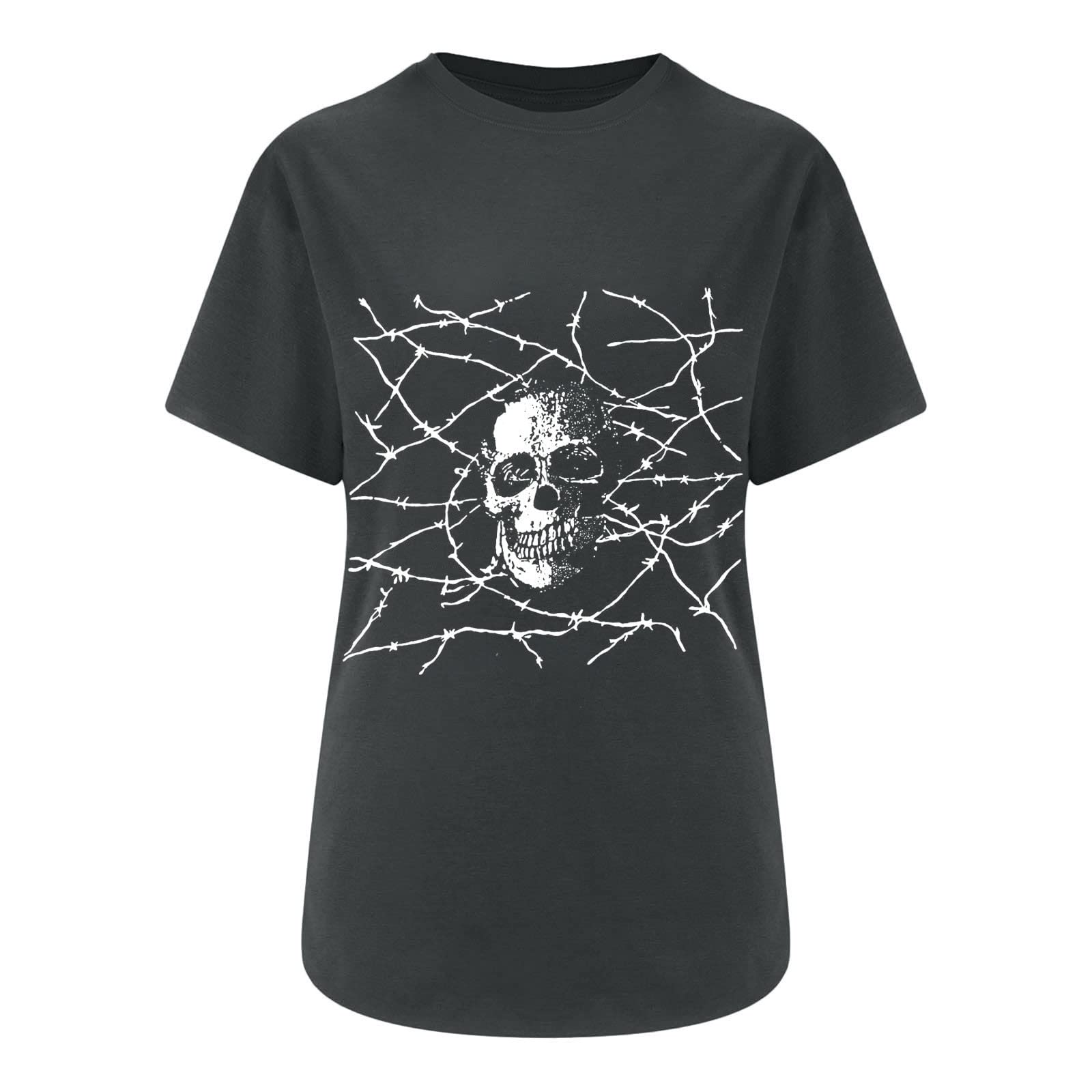 Vintage Women's Skull Print Graphic T-Shirts - Short Sleeve Boatneck Loose Fit Grunge Tees for Halloween, Casual Wear & Street Fashion | Perfect for Parties, Concerts and Everyday Outfits