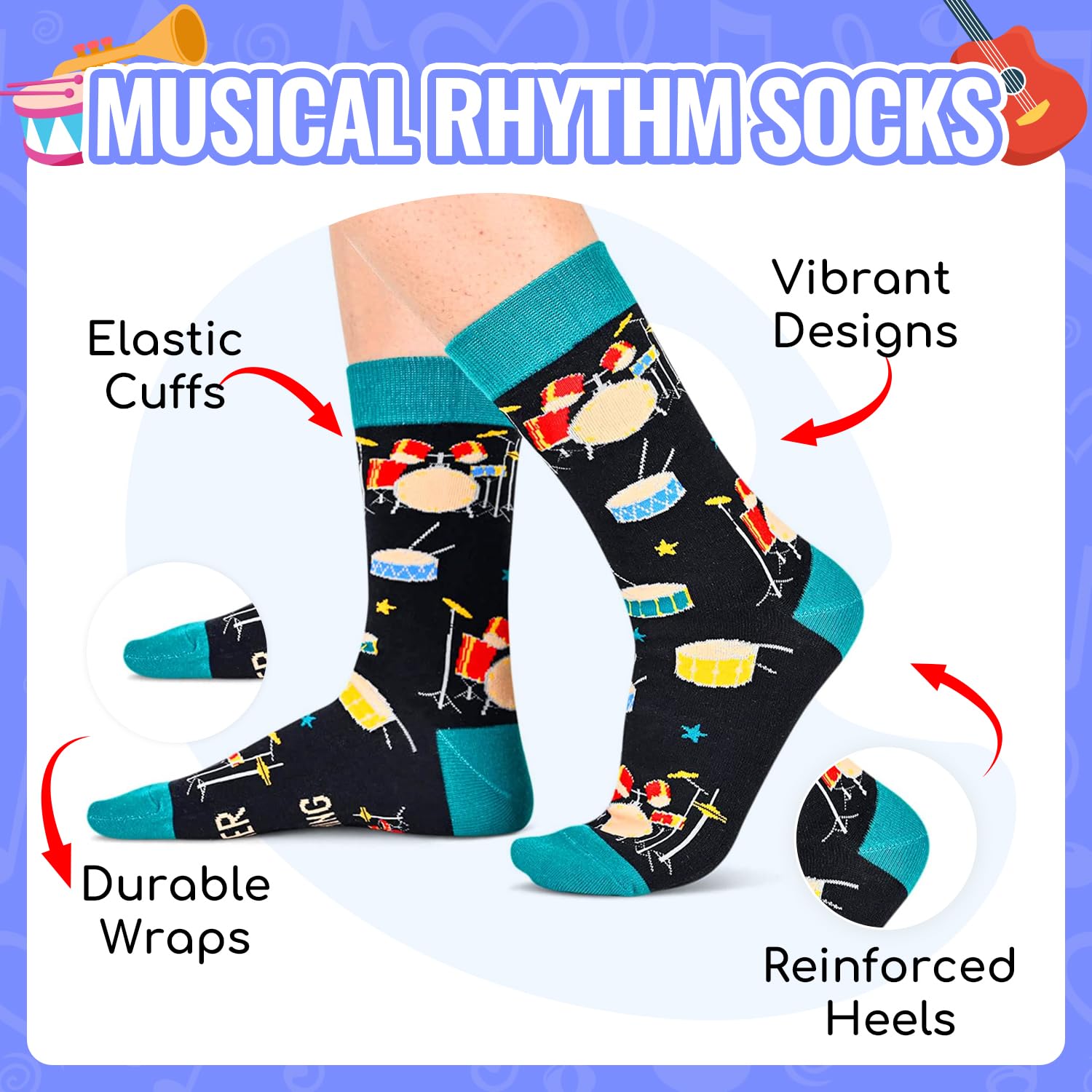 Drummer Gifts for Men & Teens - Fun Drum Socks for Musicians & Band Members | Perfect Percussion & Music Lover Presents for Birthdays, Christmas & Band Performances