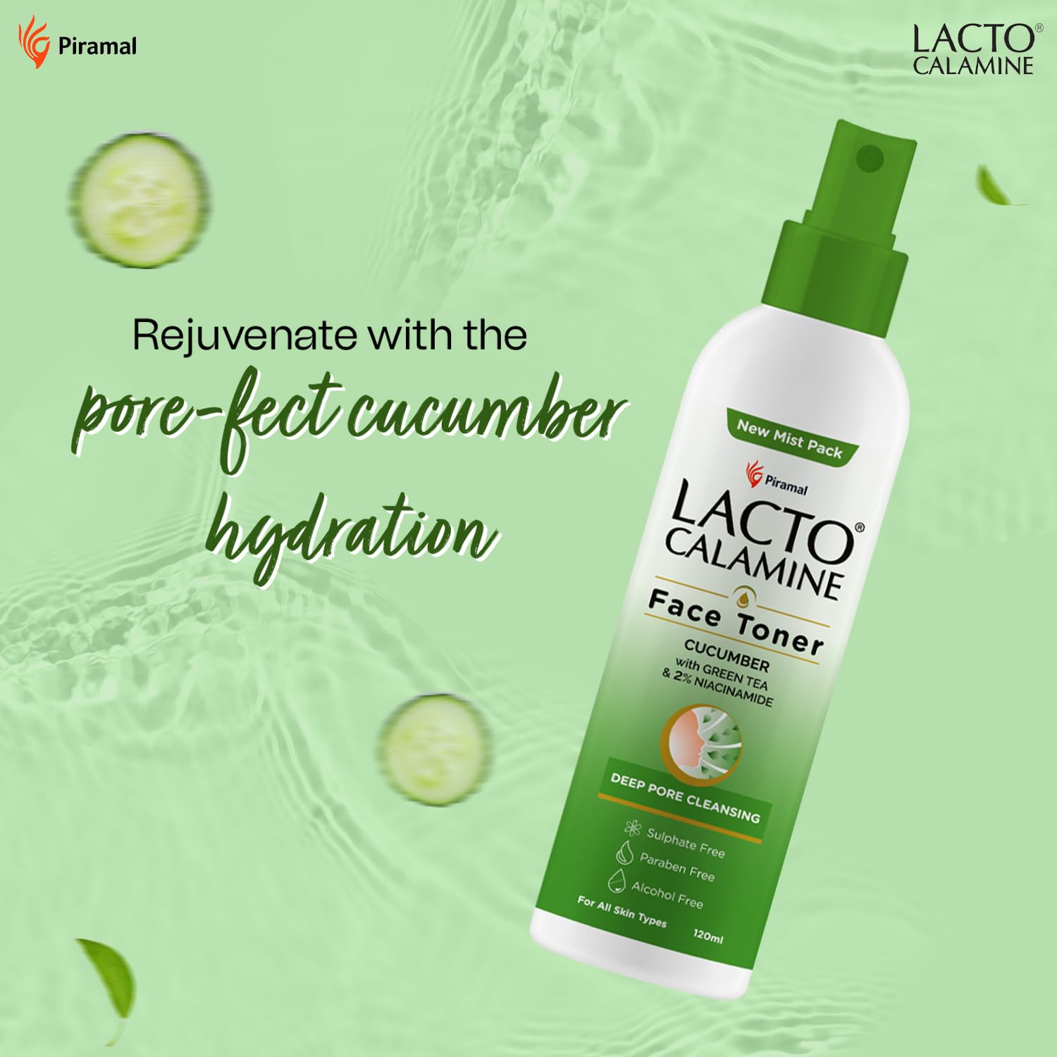 Lacto Calamine Face Toner with Cucumber & Green Tea | 3-Pack (120ml Each) | Deep Pore Cleansing, Tightening & Hydration | 2% Niacinamide for Glowing Skin | Sulfate, Alcohol & Paraben Free | Perfect for Daily Skincare & Post-Workout Refreshment