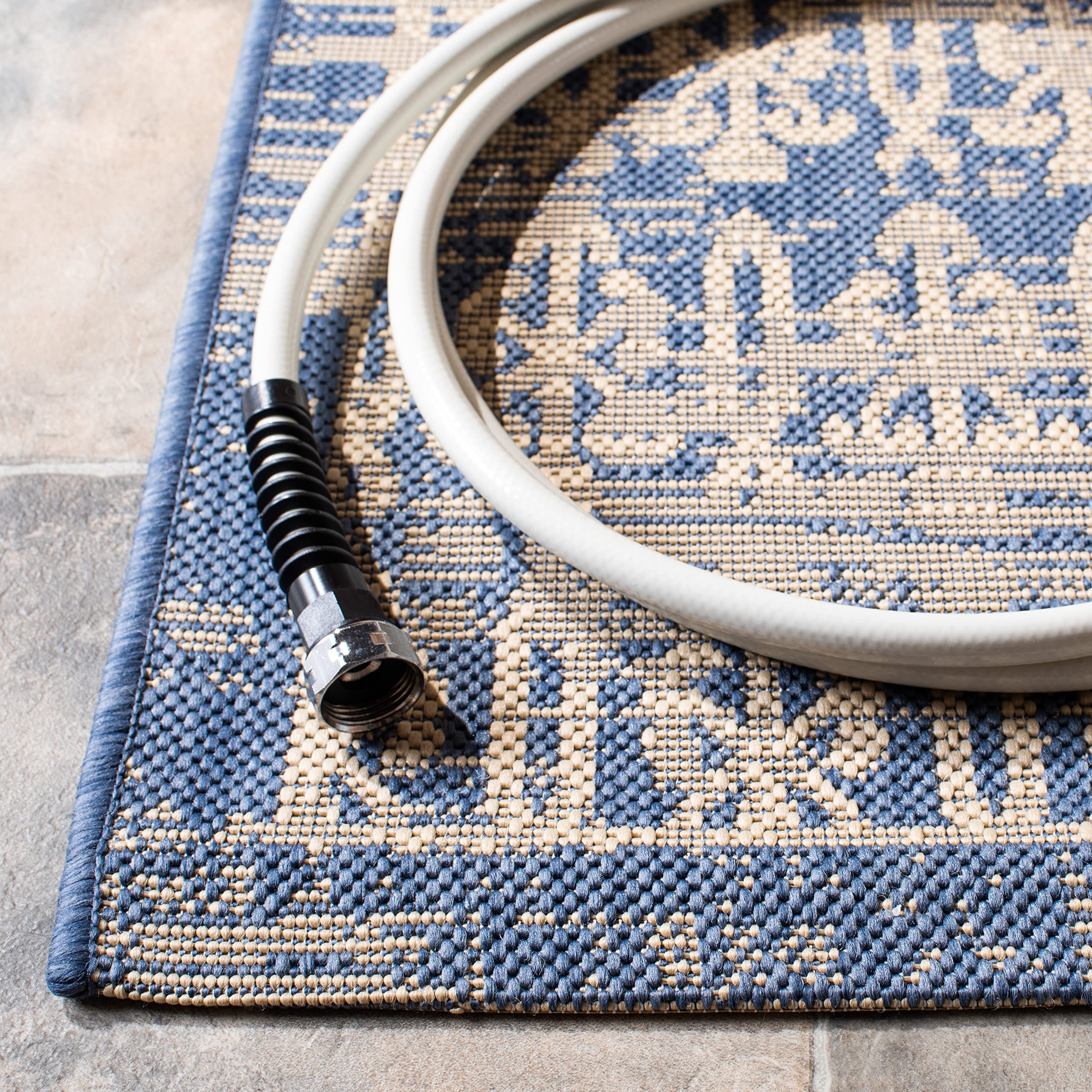 SAFAVIEH Courtyard Collection 8' x 11' Beige and Blue Indoor Outdoor Waterproof Rug - Easy to Clean, Stain Resistant Area Rug for Patio, Backyard, Mudroom, Deck, and Poolside Use