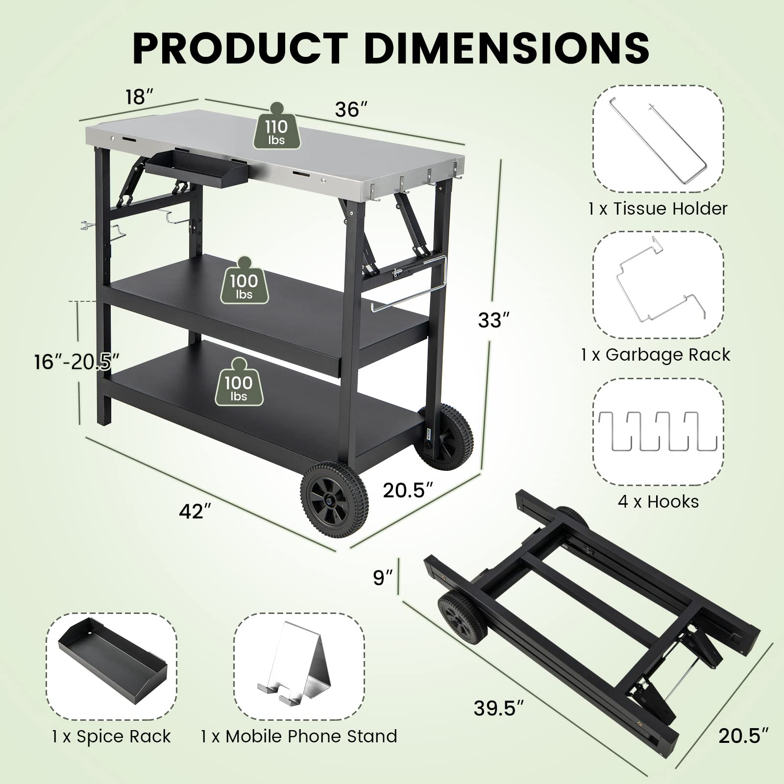 GOFLAME 3-Tier Outdoor Grill Cart with Adjustable Shelves, Stainless Steel Top & 2 Wheels – Heavy Duty BBQ Prep Table for Backyard, Patio & Camping Cooking