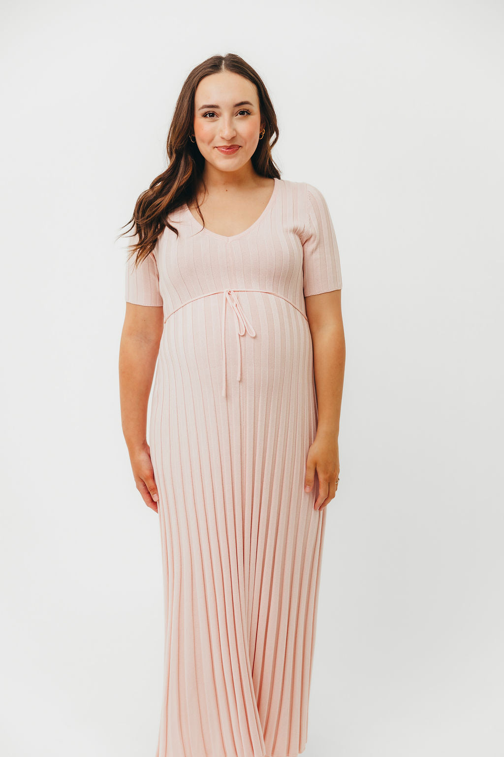 Oakley Ribbed Maxi Dress in Light Pink - Bump Friendly Maternity Dress for Women, Comfortable Stretchy Pregnancy Dress for Everyday Wear, Perfect for Baby Showers & Maternity Photos