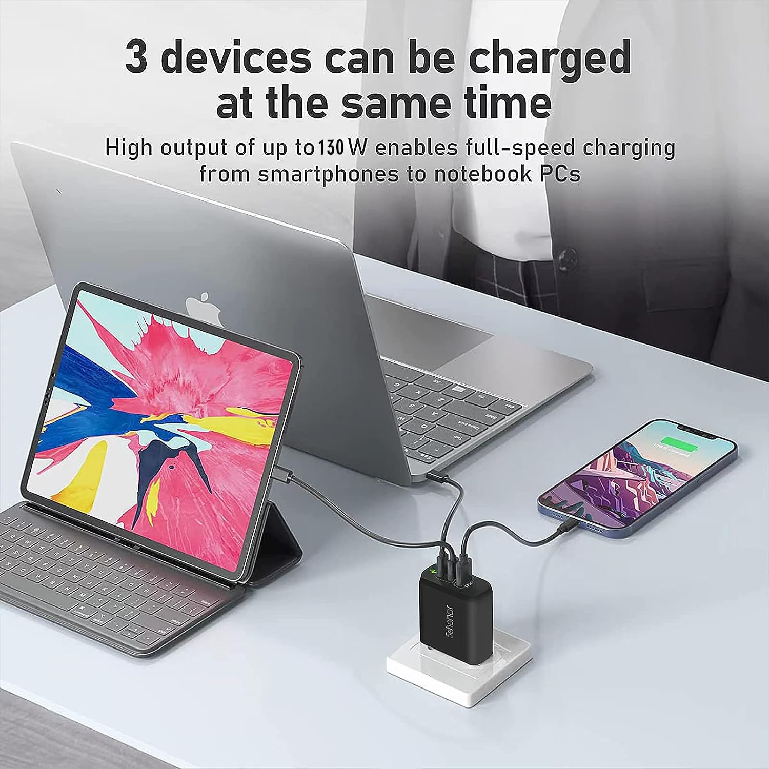 65W GaN USB C Fast Charger with PD 3.0 - 3-Port (2 USB-C + 1 USB-A) Laptop Charger Block - Compatible with MacBook Pro/Air M1/M2/M3/M4, iPad Pro/Air & USB-C Devices - Perfect for Travel, Office & Home Charging
