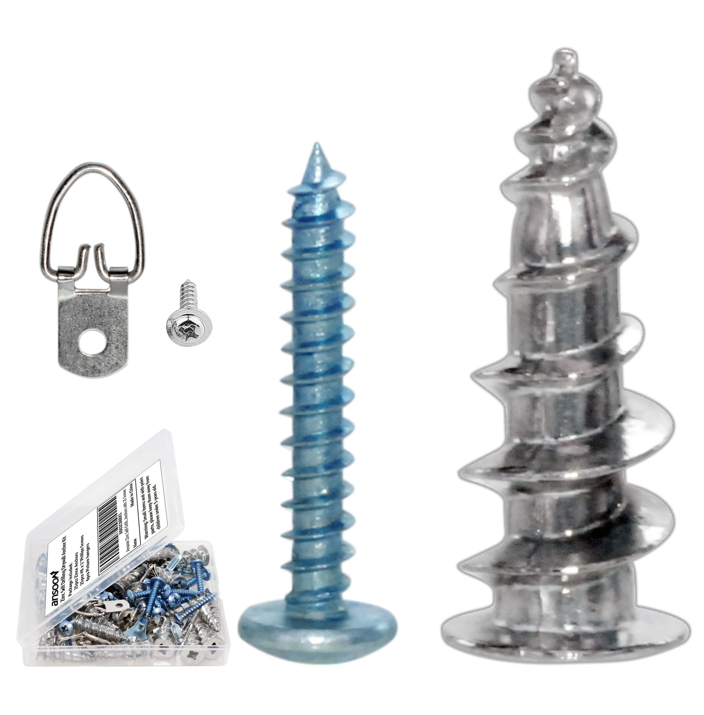 Self-Drilling Hollow Metal Stud Wall Anchors with Screw Kit - Heavy Duty Drywall Anchors (25 Pack) with Tapping Mount Screws & 6 D-Ring Picture Hangers - Perfect for Hanging Shelves, Mirrors, TVs and Home Decor