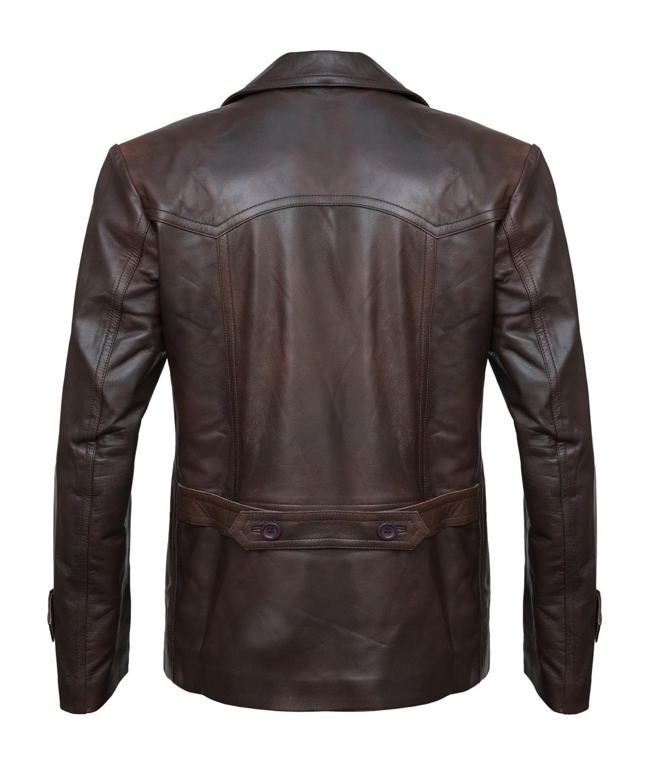 Higobo Men's Brown Leather Pea Coat - Double Breasted Winter Peacoat Jacket for Men | Warm & Stylish Outerwear for Business, Dating & Formal Occasions