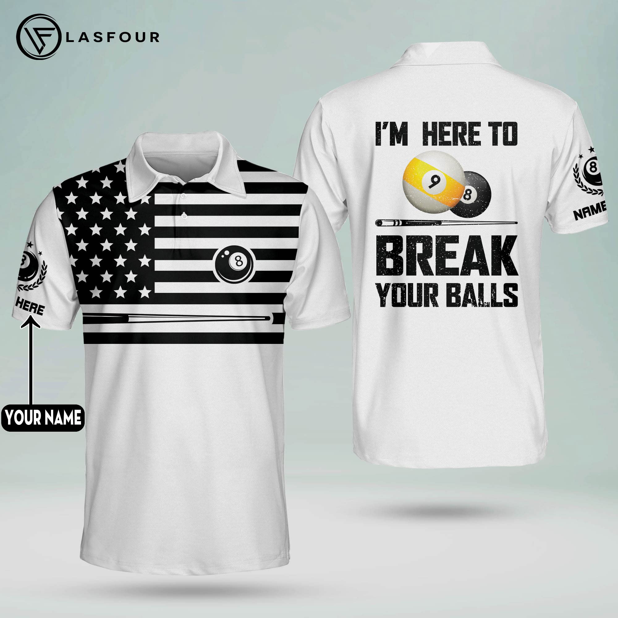 LASFOUR Men's Personalized Funny Billiard Polo Shirts - Moisture Wicking Dry Fit Short Sleeve Shirt for Pool Players - Perfect Gift for Billiards Enthusiasts & Casual Wear