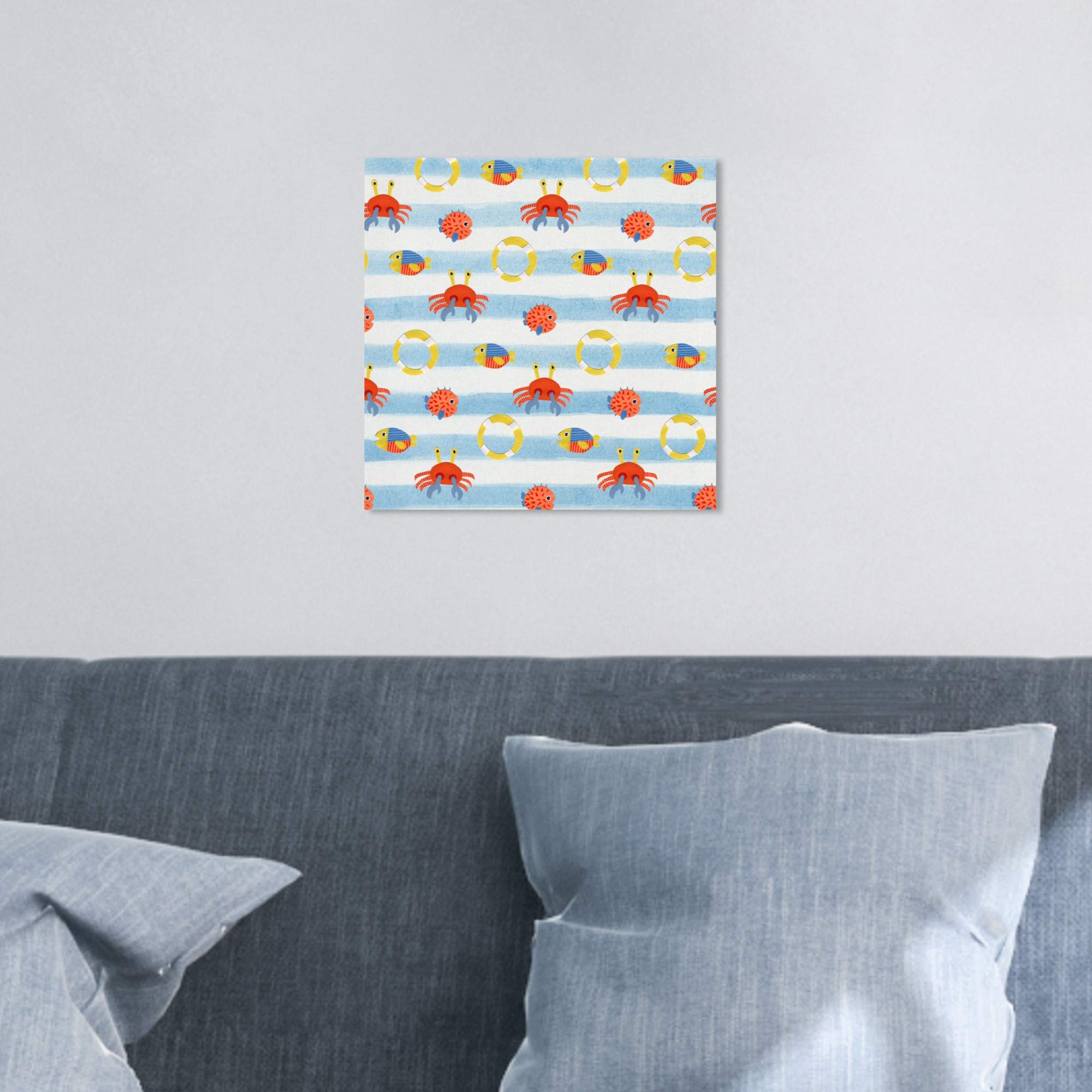 Wynwood Studio Nautical Coastal Wall Art Canvas Print - Fish Crab Lifesaver Pattern Home Decor 12x12 Inches in Blue & Orange | Perfect for Beach House, Bathroom & Coastal Living Room Decor