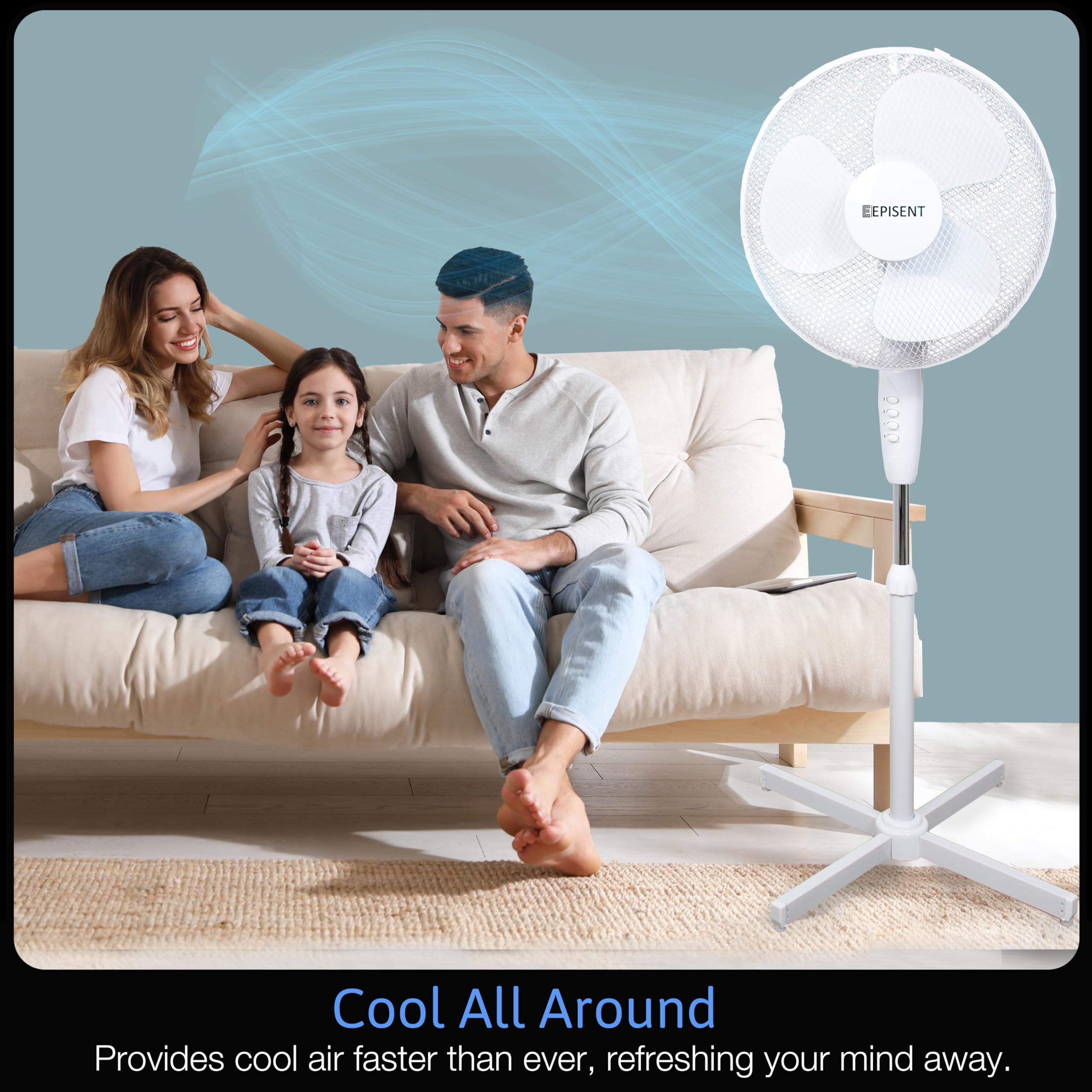 EPISENT 16-Inch Pedestal Fan - Adjustable Height, 3 Speed Settings, Oscillating & Manual Tilt for Powerful Cooling - Perfect for Home, Office, Bedroom, and Living Room Air Circulation