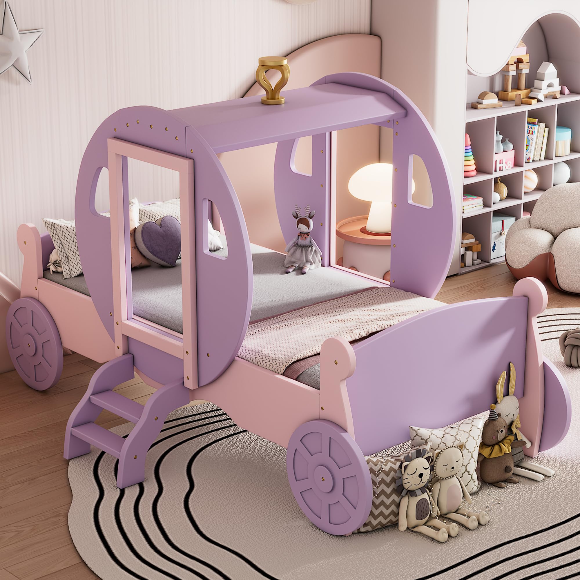 **Royal Princess Carriage Twin Bed for Girls - Wooden Platform Bed Frame with Crown & Stairs - Purple & Pink Kids Bedroom Furniture - Perfect for Princess-Themed Bedrooms & Sleepovers**