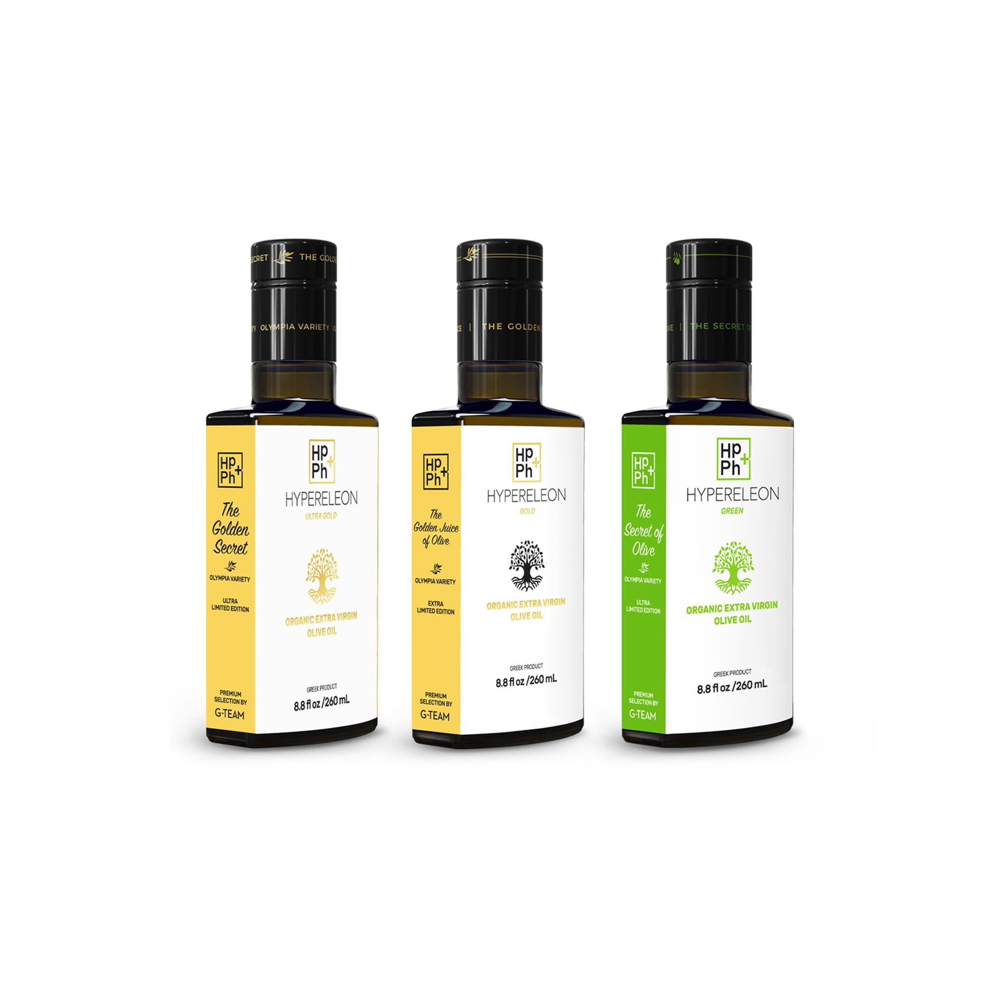 HYPERELEON Premium Organic Greek Extra Virgin Olive Oil 100% Pure - Green, Gold & Ultra Gold Master Pack (3x 260ml) | High Phenolic, Unfiltered, Bio Certified | 107 International Award Winner | Perfect for Cooking, Salad Dressing & Gourmet Recipes