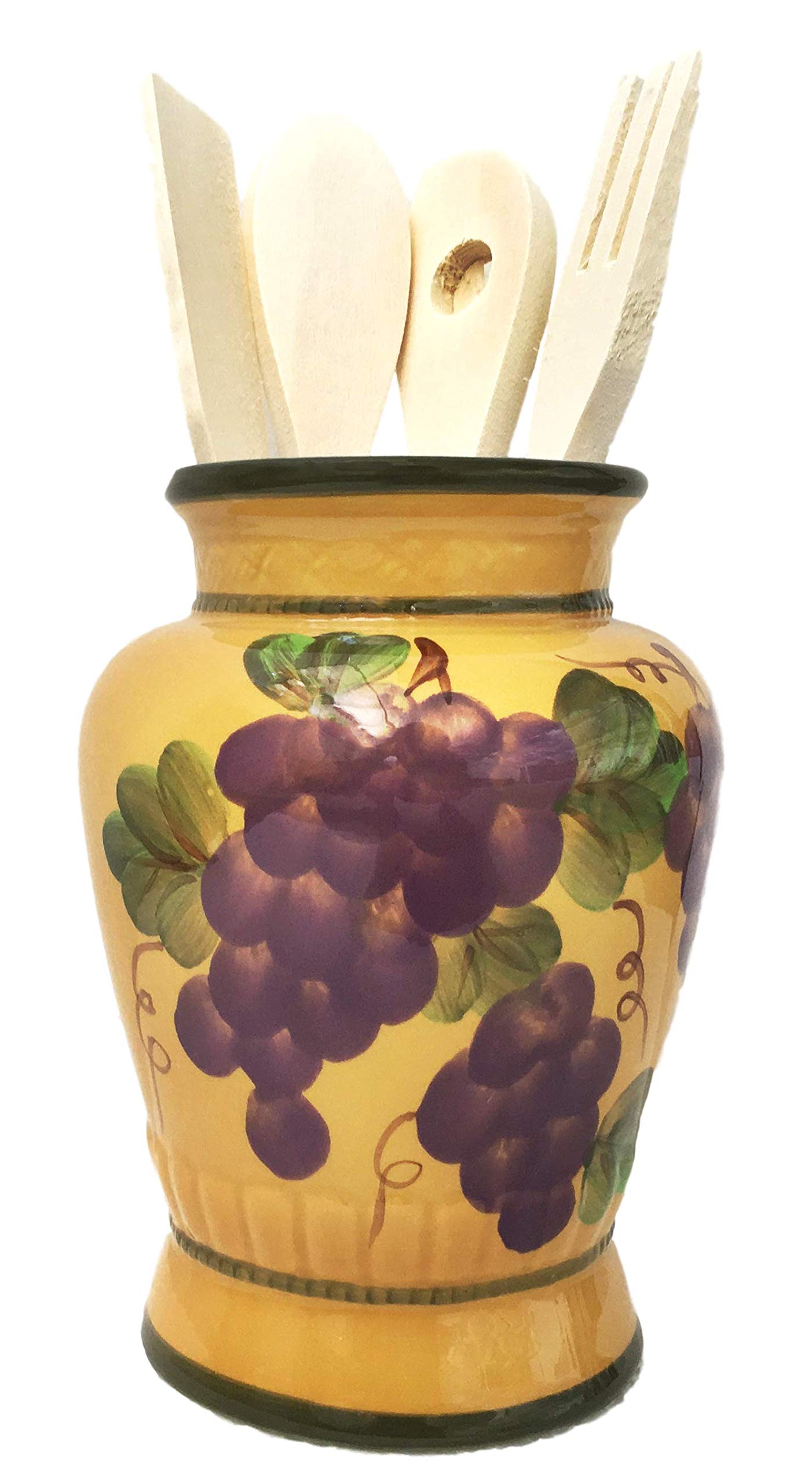 Hand Painted Ceramic Tuscany Grape Utensil Holder - Modern Kitchen Decor & Storage Organizer for Spoons, Forks & Cooking Tools - Perfect for Farmhouse, Rustic & Italian Style Kitchens