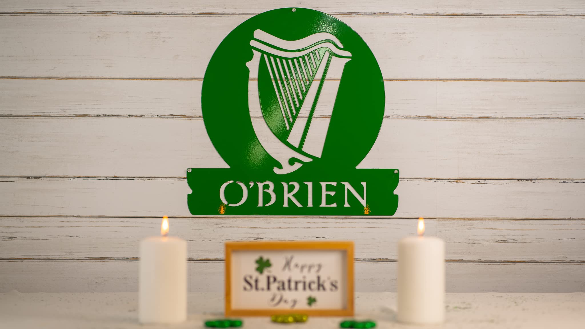 RealSteel Celtic Harp Monogram - Custom Irish & Scottish Decor for St Patrick's Day - Personalized Indoor/Outdoor Home & Business Display - 30 Inch Green Wall Art - Perfect for Pub, Restaurant, Irish Festival & Celtic-Themed Party Decorations