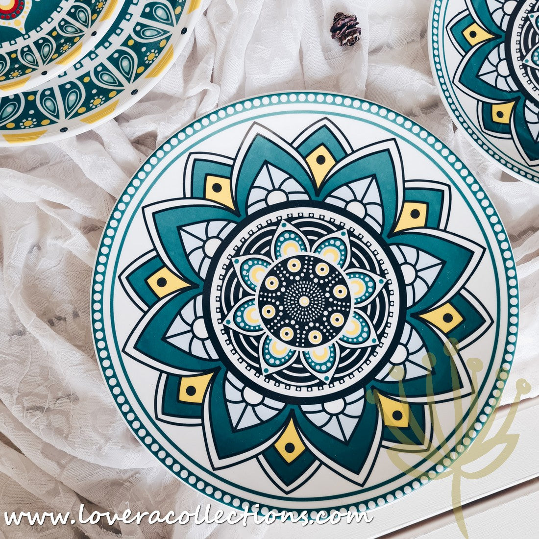Mandala Green & White Salad Plate Set - Elegant Hand-Painted Ceramic Dinnerware for Home & Restaurant Use - Perfect for Salads, Appetizers, Desserts & Party Serving