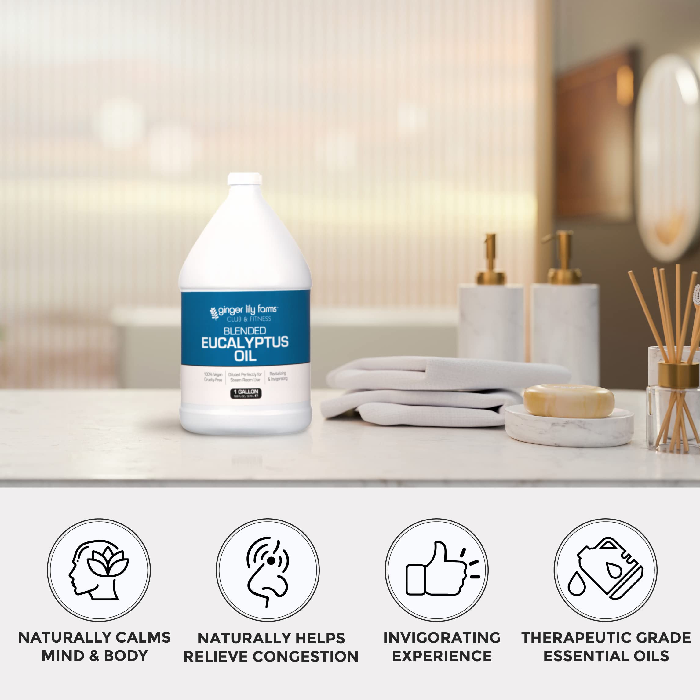 Ginger Lily Farms Club & Fitness Blended Eucalyptus Essential Oil - 100% Pure, Vegan & Cruelty-Free - 1 Gallon (128 fl oz) Refill for Steam Rooms, Saunas, Aromatherapy & Massage
