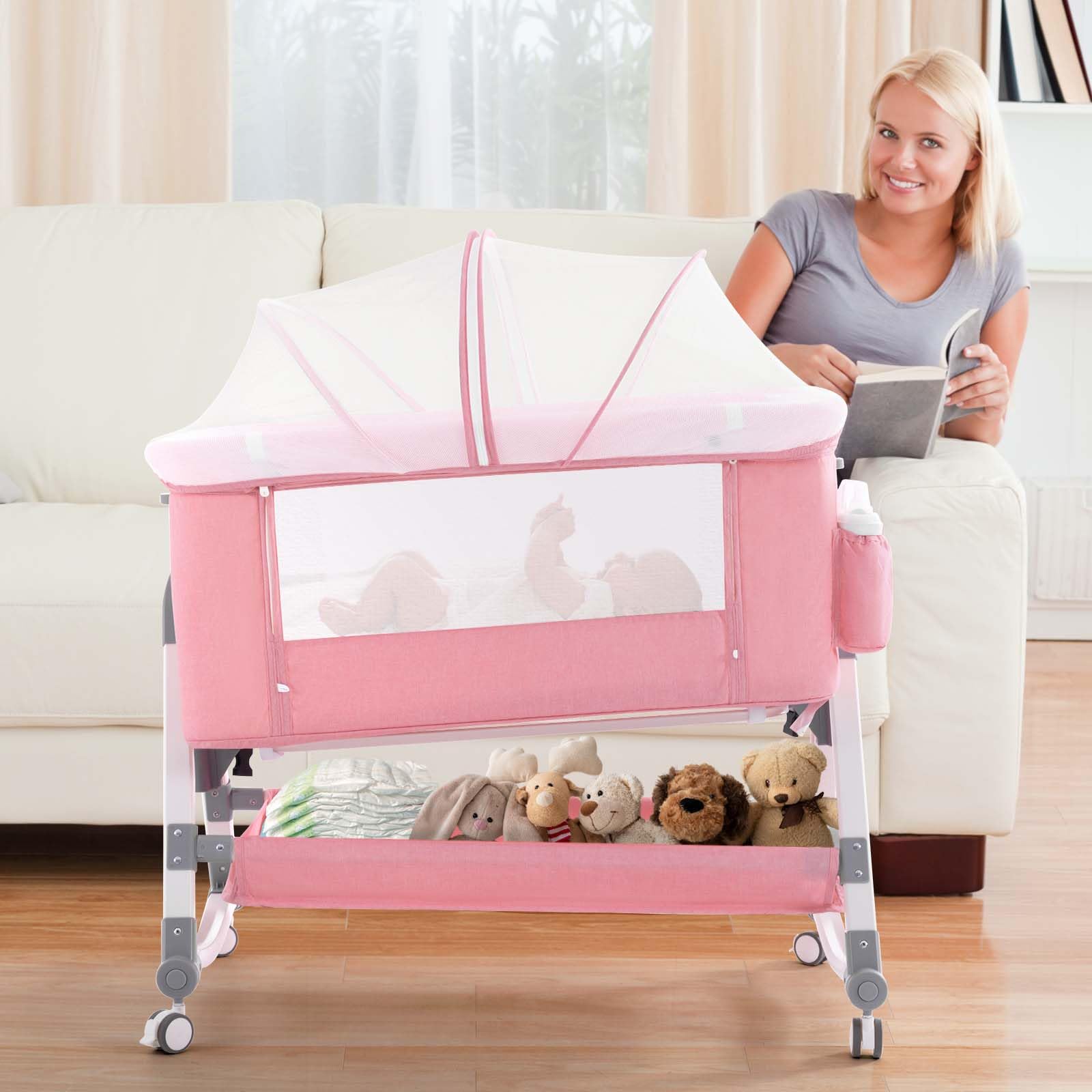 3 in 1 Baby Bassinet with Adjustable Height & Wheels - Portable Rocking Crib with Comfortable Mattress for Newborns & Infants - Perfect for Nursery, Bedside Sleeping & Travel - Pink