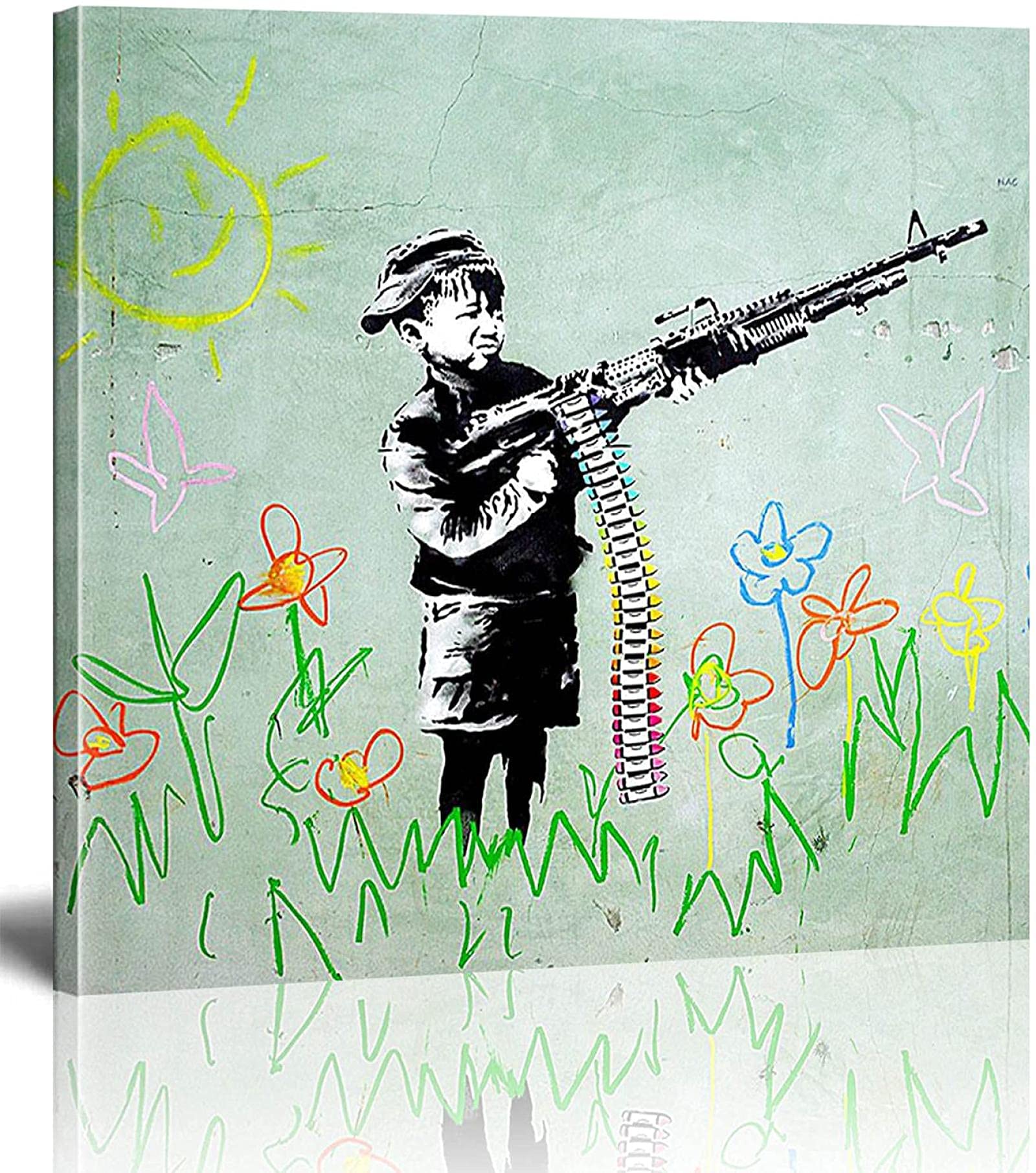 Banksy Canvas Wall Art Print - Boy with Crayon Gun Street Graffiti Art Picture for Living Room Decor (50x50cm, Internal Frame) | Modern Home & Office Wall Decor, Unique Gift Idea