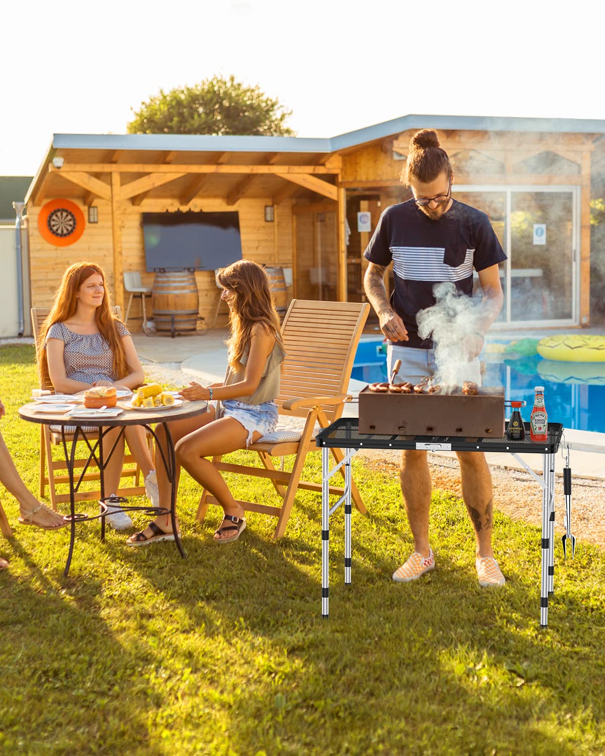 **Sportneer Adjustable Height Folding Camping Table - Lightweight Aluminum Portable Grill Table with 2 Hooks for Outdoor, BBQ, Picnic, RV & Backpacking - Perfect for Cooking, Tailgating & Beach Trips (Black)**
