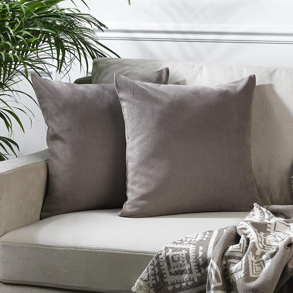 Velvet Look Solid Color Cushion Cover Set of 2 - 14x14 Inch Throw Pillow Cases with Hidden Zipper for Sofa, Bed & Living Room Decor | Stone Grey Home Accent Pillows for Cozy Seating & Stylish Interior Design