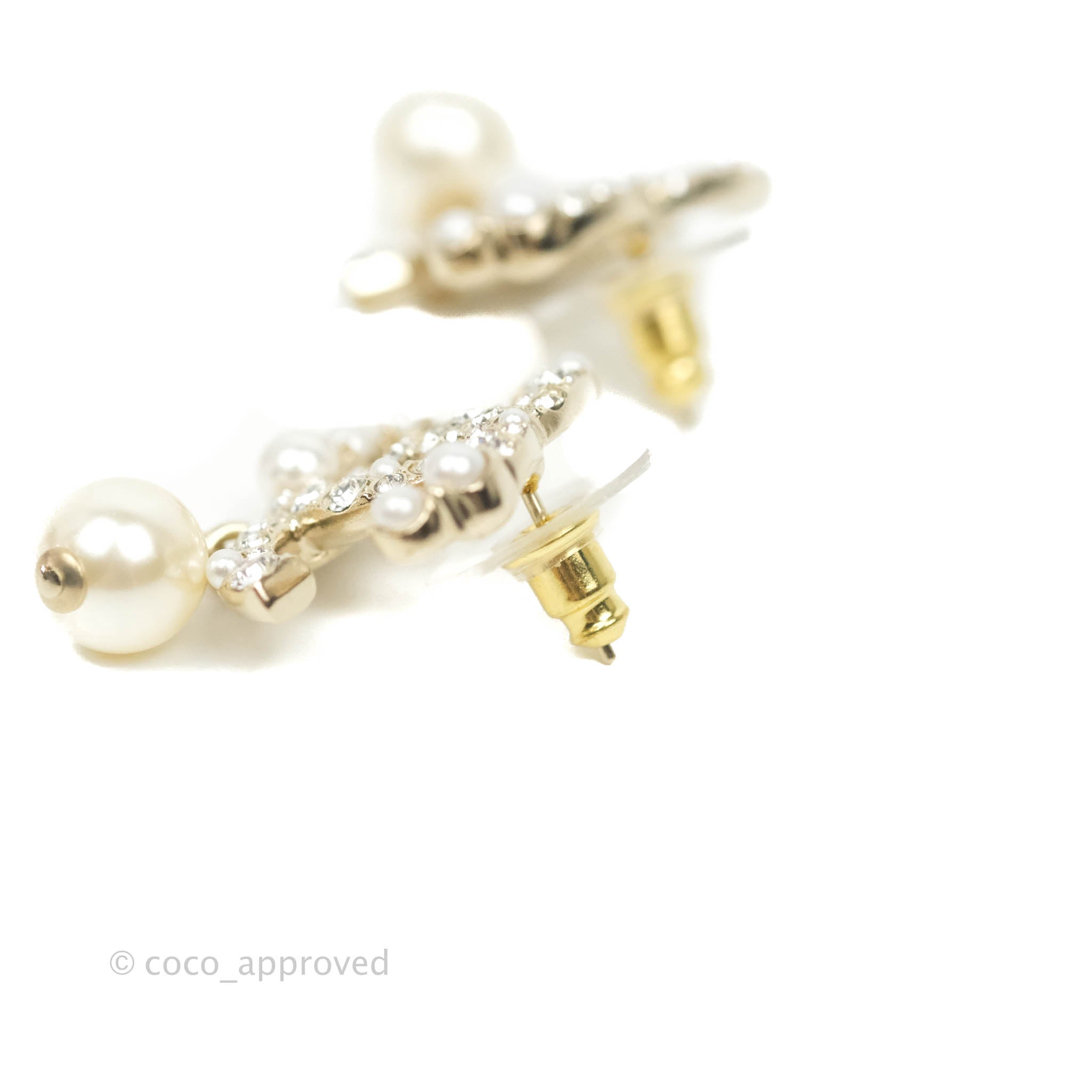 Chanel CC Rhinestone Pearl Drop Earrings in Gold Tone - Elegant Dangle Earrings for Women, Perfect for Parties, Weddings & Special Occasions