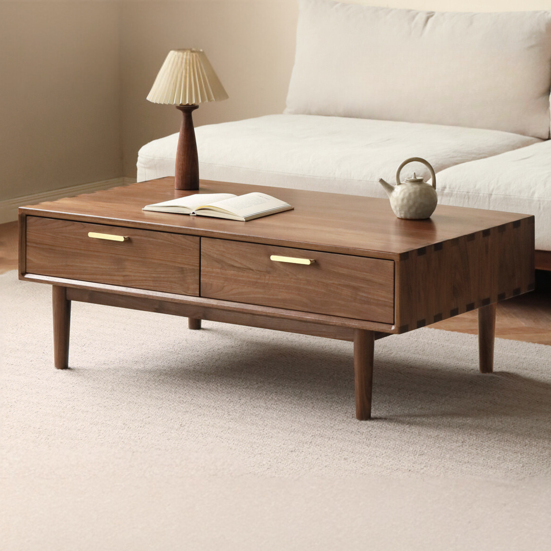 Solid Black Walnut Wood Storage Coffee Table with Rock Plate - Rustic Living Room Furniture for Home Decor & Organization