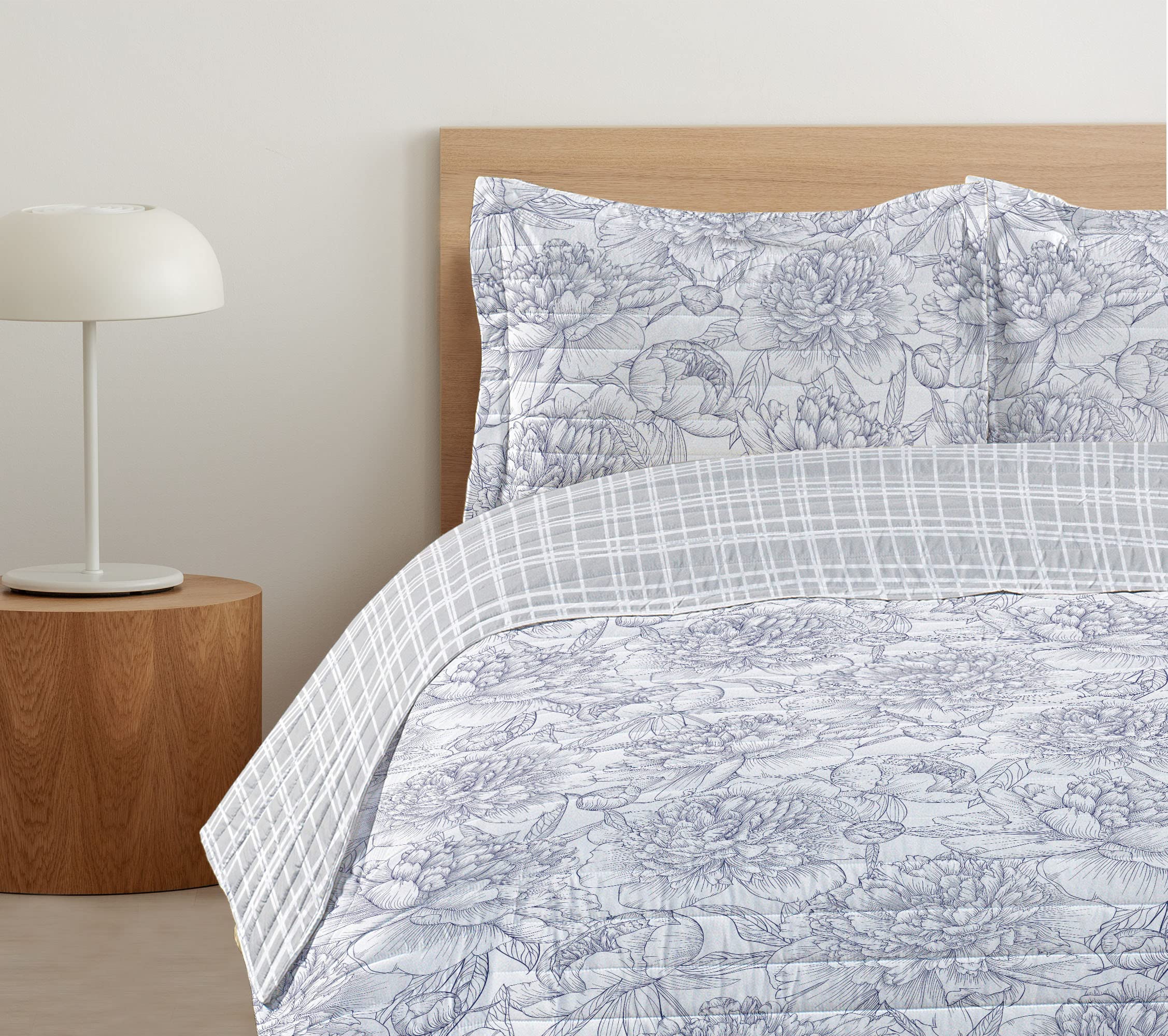 Ambesonne Floral Reversible King Size Bedspread Set - Hand Drawn Rose, Chamomile & Peonies Design on Lavender Blue Microfiber Bedding with Pillow Shams | Perfect for Master Bedroom, Guest Room & Bohemian Home Decor