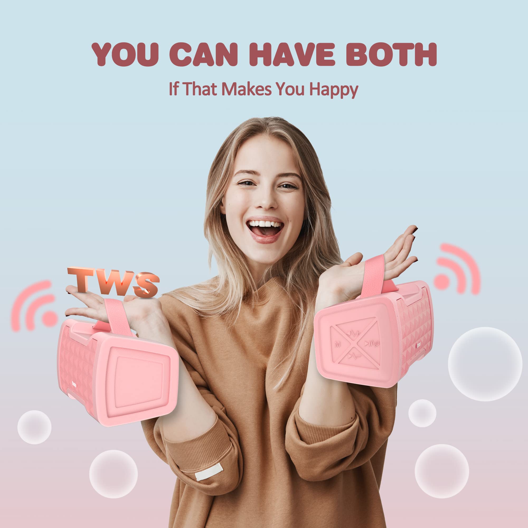Oraolo 40W Pink Bluetooth Speaker - Portable Wireless Speaker with Loud Stereo Sound, IPX6 Waterproof, USB/AUX Input, Built-in Mic for Clear Calls - Perfect for Home, Party, Outdoor, Travel, Gifts for Women & Girls
