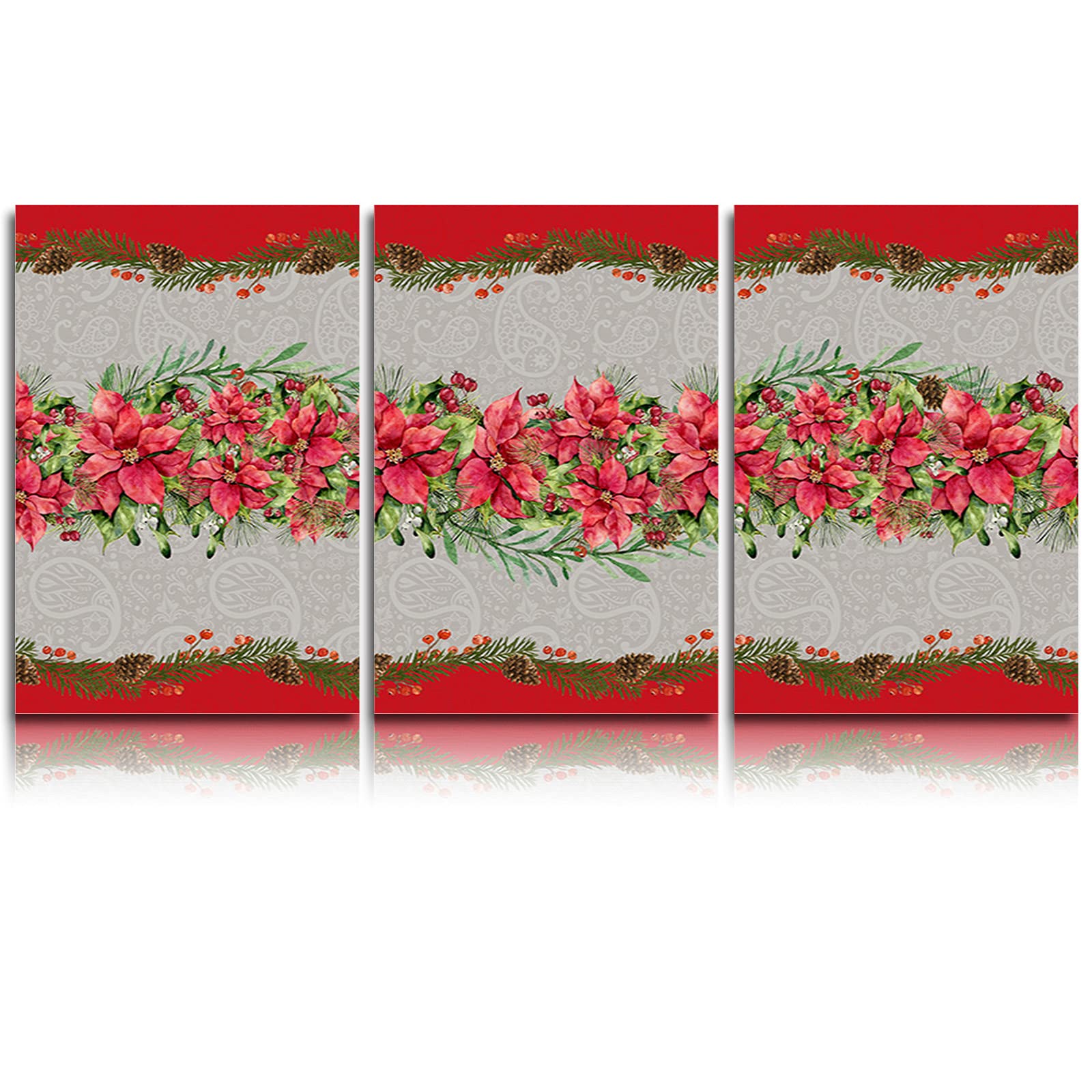 Vintage Mandala Poinsettia Christmas Wall Art - 3 Panel Canvas Prints for Bedroom, Living Room & Bathroom Decor - Framed Giclee Gallery Wrapped 12x20 Inches - Perfect Holiday Home Decoration & Gift Idea