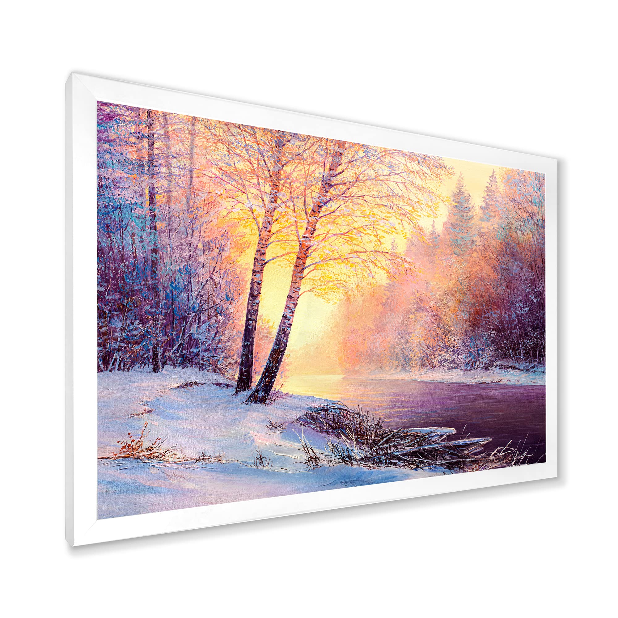 DesignQ Winter Scenery With Bridge of Meandering River II Lake House Framed Wall Art - Landscape Painting for Living Room, Bedroom & Office Decor