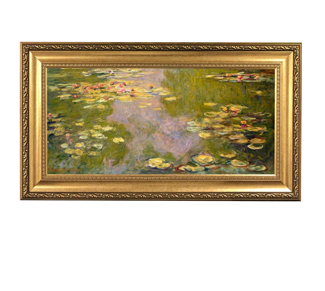 Claude Monet Water Lilies Oil Painting Reproduction - Giclee Wall Art Canvas Print, Framed 29x18 Inches, Handmade Decor for Living Room & Bedroom