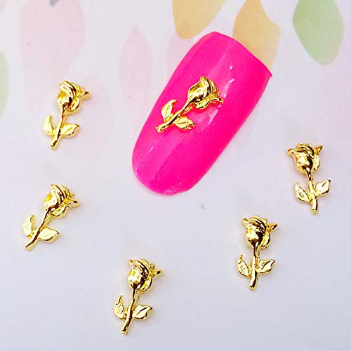 10PCS Japan 3D Nail Art Metal Stickers - Gold Mini Rose Flower DIY Nail Decorations with Nail Glue for Salon, Home Manicure & Party Nail Designs