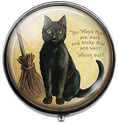Black Cat with Broom Witch Kitten - Vintage Art Photo Pill Box, Charm Jewelry Box & Glass Candy Container - Perfect for Halloween Decor, Witchcraft Accessories & Party Favors