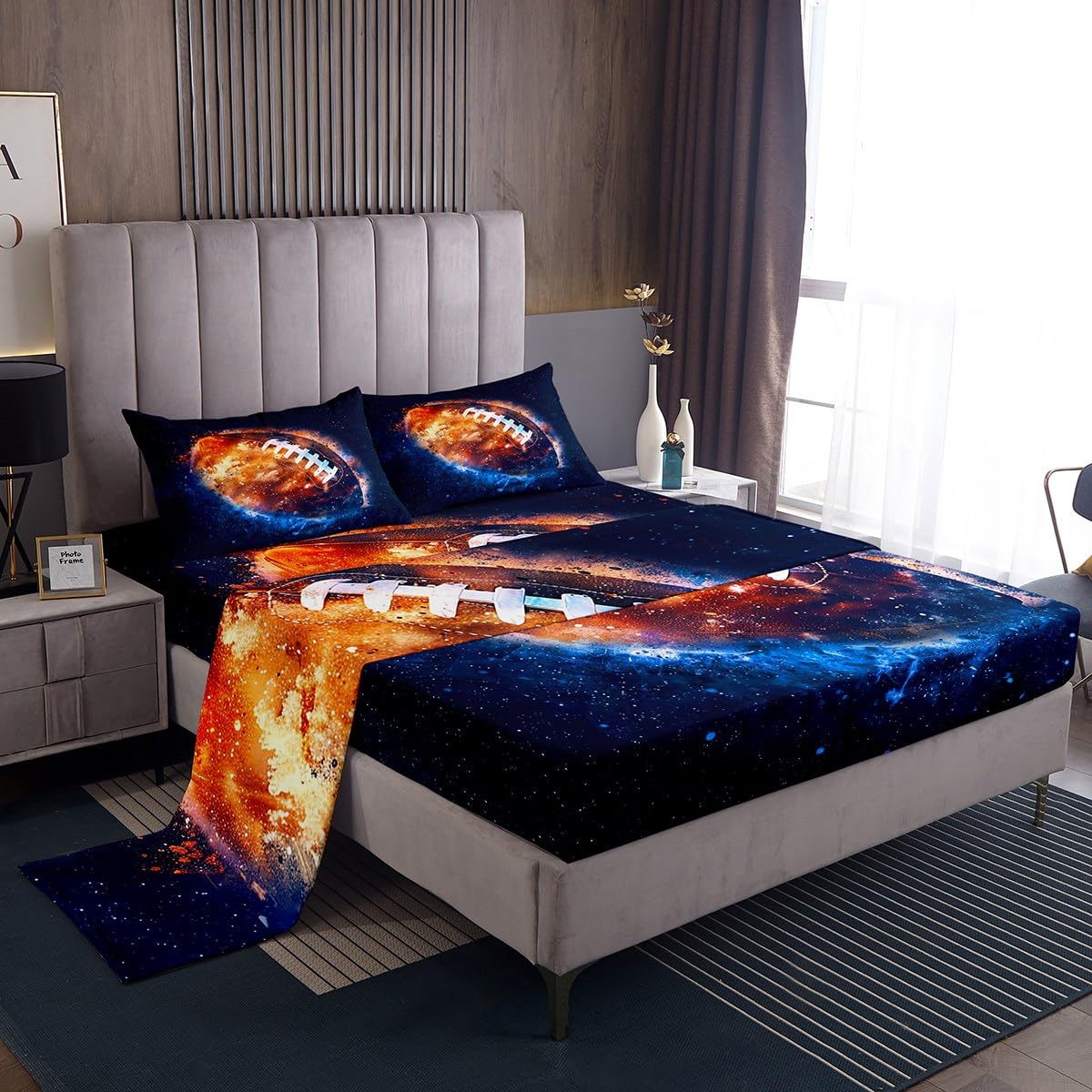 Castle Fairy Burning Football Full Size Bed Sheet Set for Kids - Blue & Red Flame Starry Sky Design - Includes 1 Flat Sheet, 1 Fitted Sheet & 2 Pillowcases - Perfect for Boys & Girls Bedrooms, Sleepovers & Themed Decor