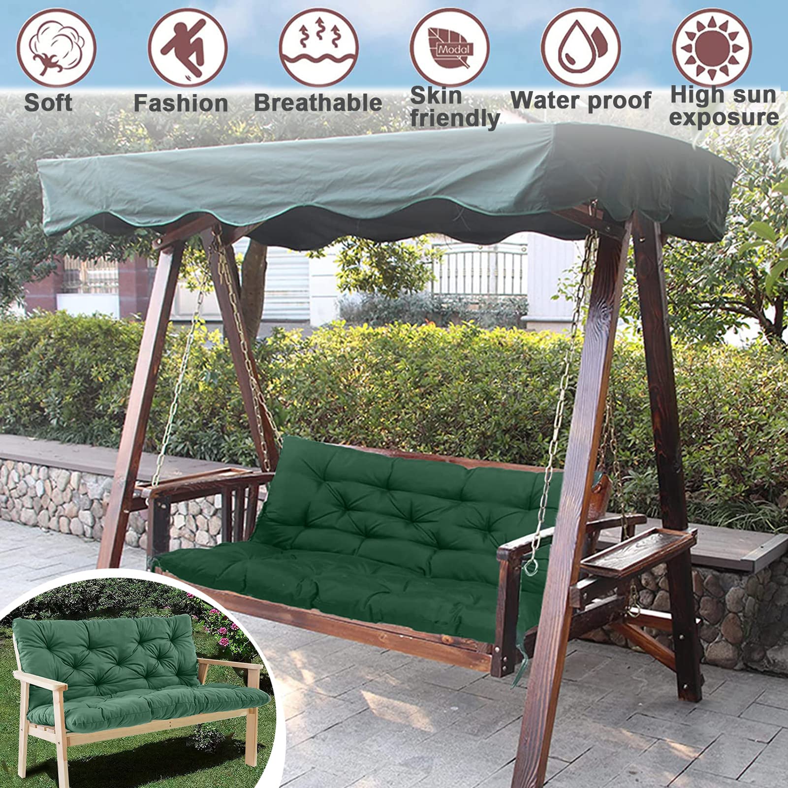 Waterproof Outdoor Swing Cushions with Backrest - 40x40 Inch Dark Green 2-3 Seater Bench Cushions for Porch, Garden & Patio Furniture - Perfect for Relaxing on Your Deck, Swing or Outdoor Lounge Area - Ideal for Backyard, Poolside & Hammock Comfort