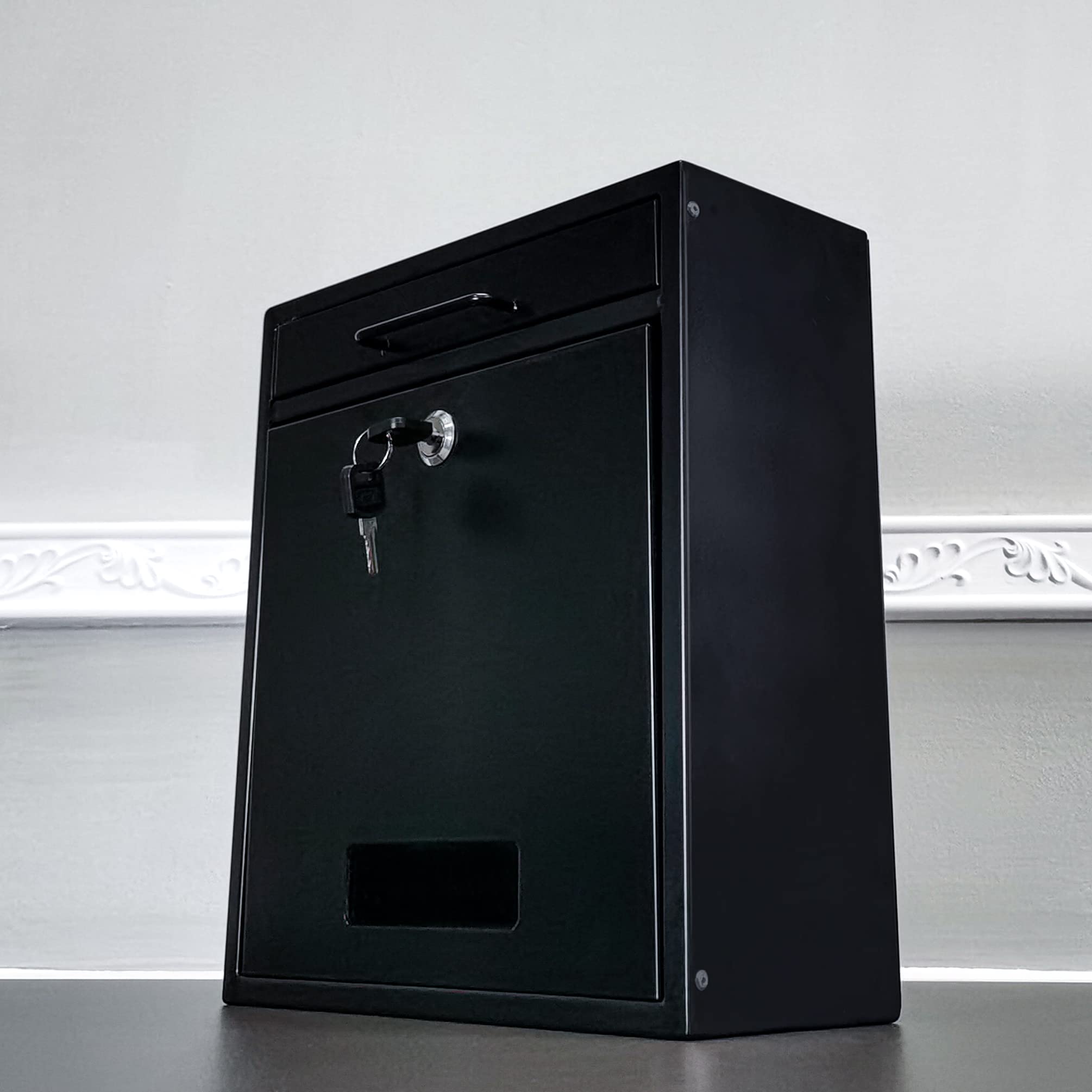 FixtureDisplays® Black Outdoor Locking Drop Box - Wall Mounted Mailbox & Suggestion Box with Secure Key Lock - Perfect for Home, Office, Apartment & Commercial Use (11119-BLACK-NEW-NF)