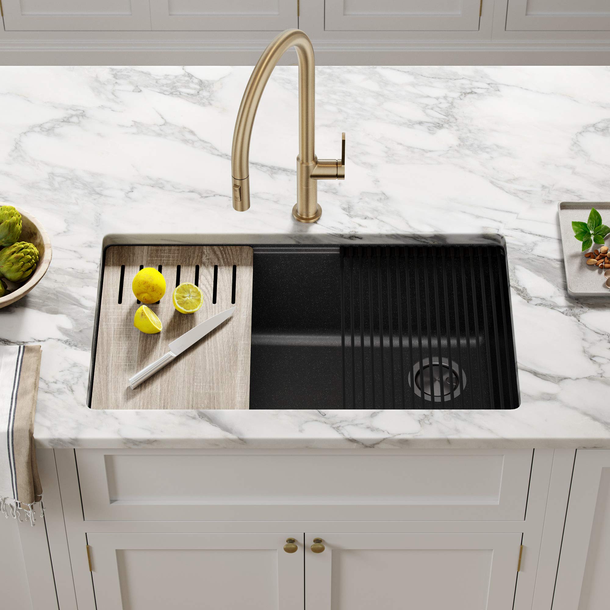 KRAUS Bellucci 32-Inch Undermount Granite Composite Single Bowl Kitchen Sink in Metallic Black with WasteGuard™ Garbage Disposal - Perfect for Modern Kitchens, Food Prep, and Dishwashing