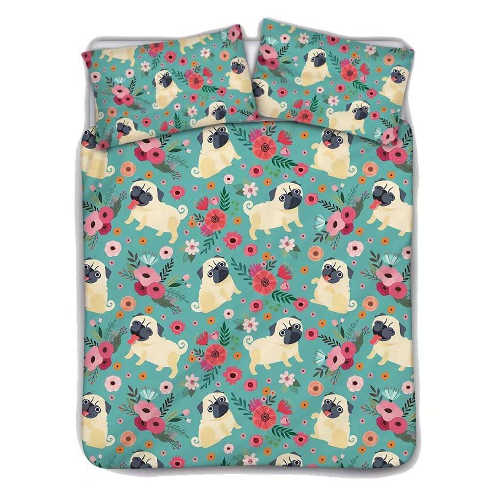 SANNOVO Floral Pug Dog Pattern Duvet Cover Set for Women & Kids - King Size Bedding with 2 Pillowcases | Soft Comforter Cover for Bedroom, Nursery, Guest Room & Dorm Decor