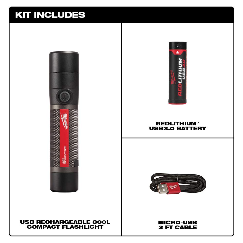 Milwaukee 800 Lumens LED USB Rechargeable Flashlight - Bright Portable Work Light for Camping, Emergency, Home & Job Site Use