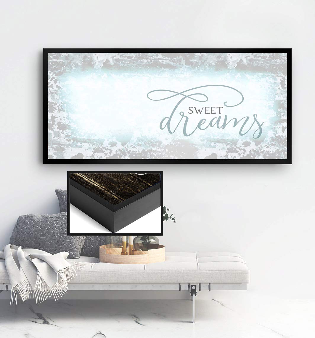Sweet Dreams Wall Decor - Large Framed Canvas Wall Art for Master Bedroom, Above Bed Decor, Teal & Black Floating Frame 42x19 - Perfect for Cozy Bedroom Ambiance & Relaxing Sleep Space