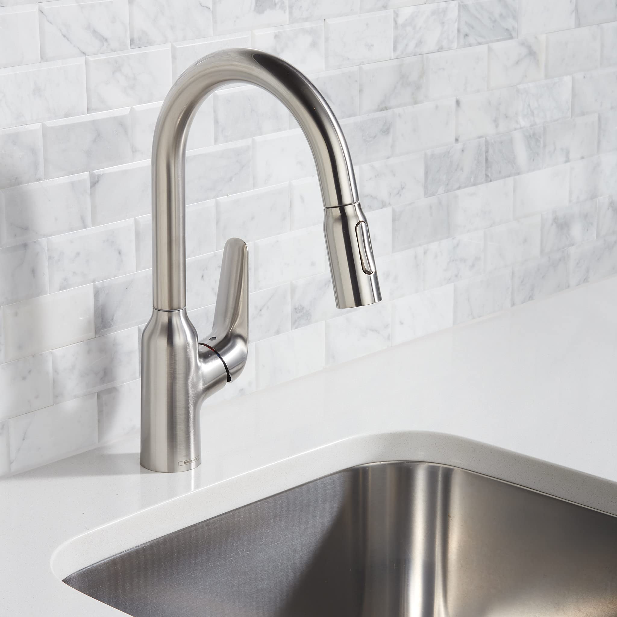 Hansgrohe Focus N Stainless Steel Pull Down Kitchen Faucet with Sprayer - Modern Stainless Steel Design (Model 71801801) - Perfect for Home Kitchen Sink, Restaurant, and Commercial Use